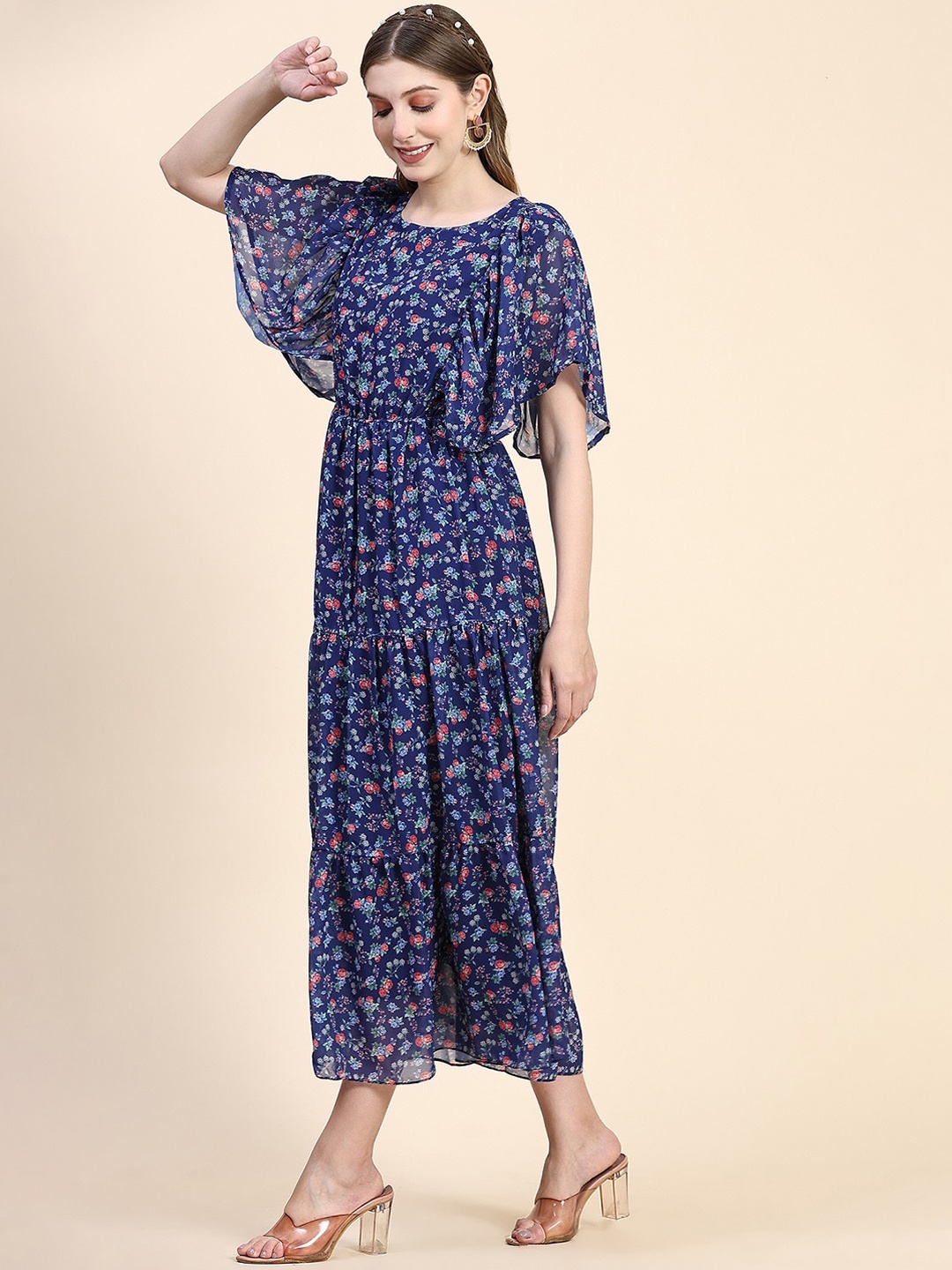 

BLACK SCISSOR Floral Printed Georgette Fit & Flare Dress, Blue