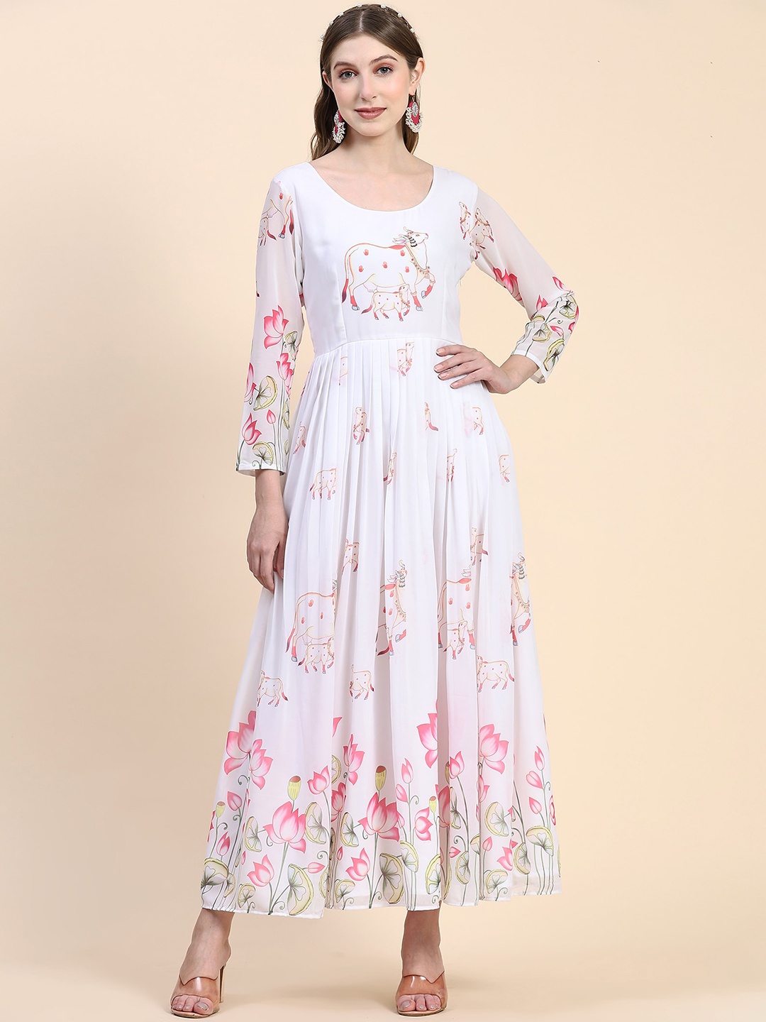 

BLACK SCISSOR Floral Printed Georgette Fit & Flared Ethnic Dress, White