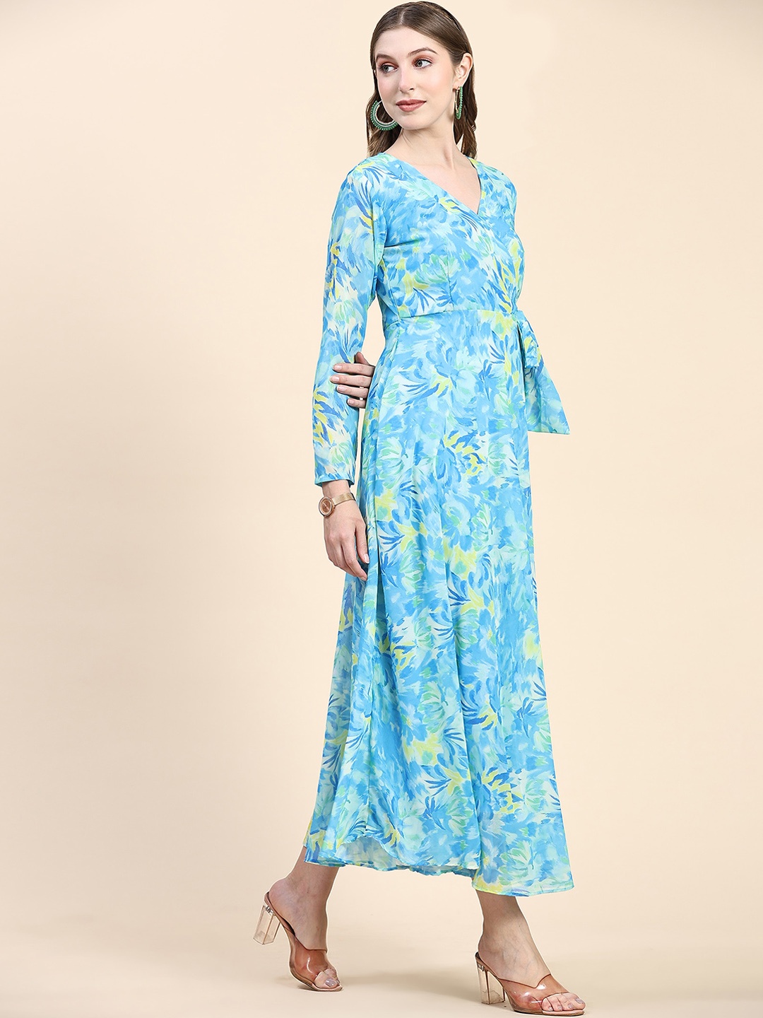 

BLACK SCISSOR Floral Printed Tie Ups Georgette Angrakha Maxi Gown, Blue