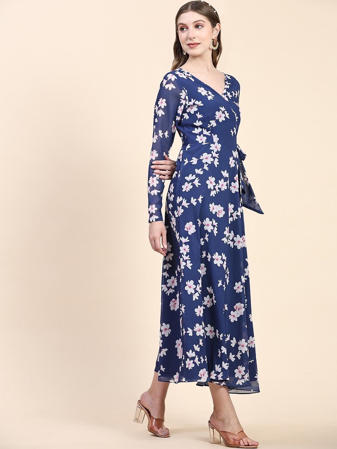 

BLACK SCISSOR Floral Printed V-Neck Georgette Wrap Maxi Ethnic Dresses, Blue