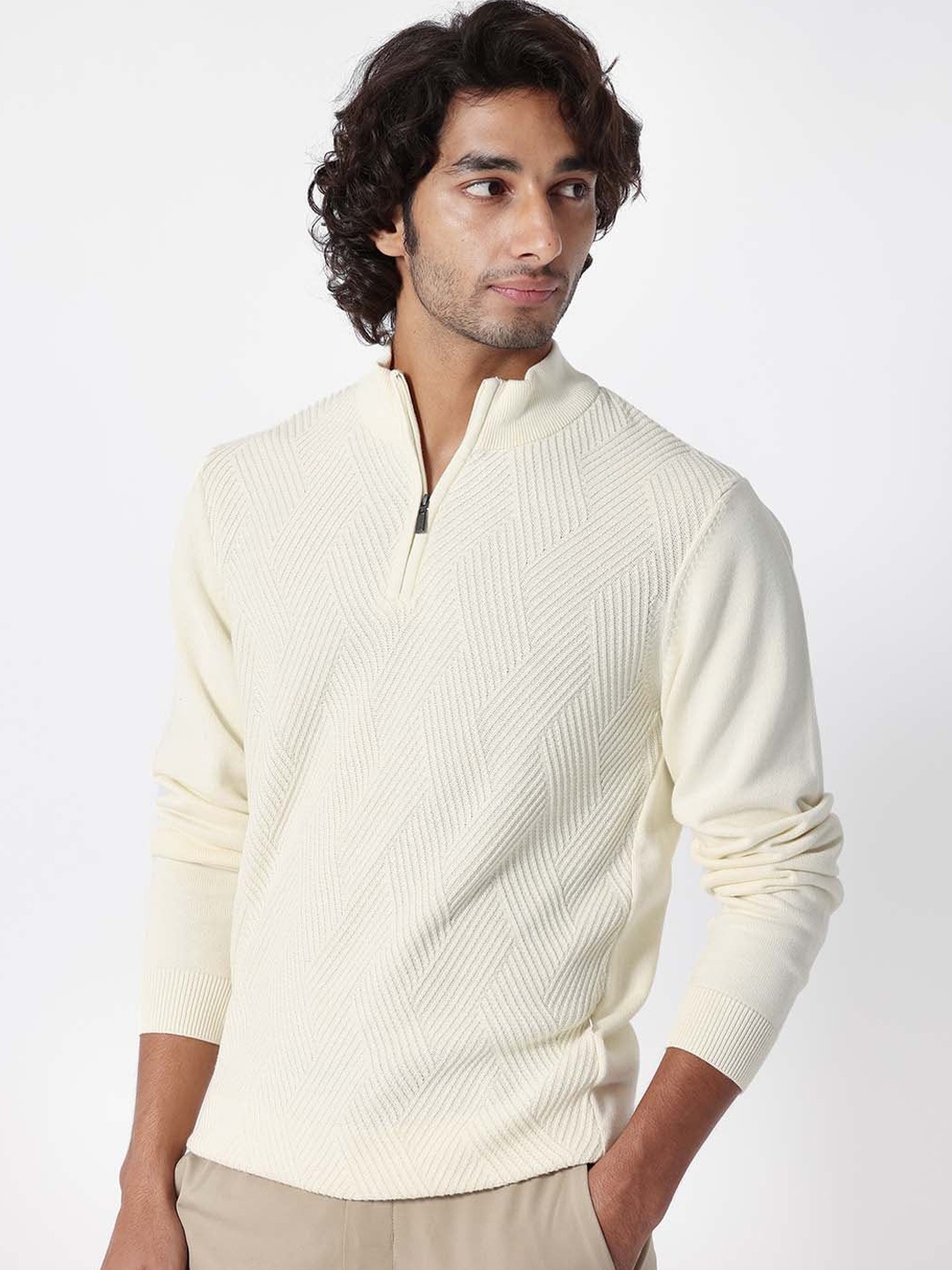 

RARE RABBIT Men Toyd Regular Fit Mock Collar Sweater, Off white