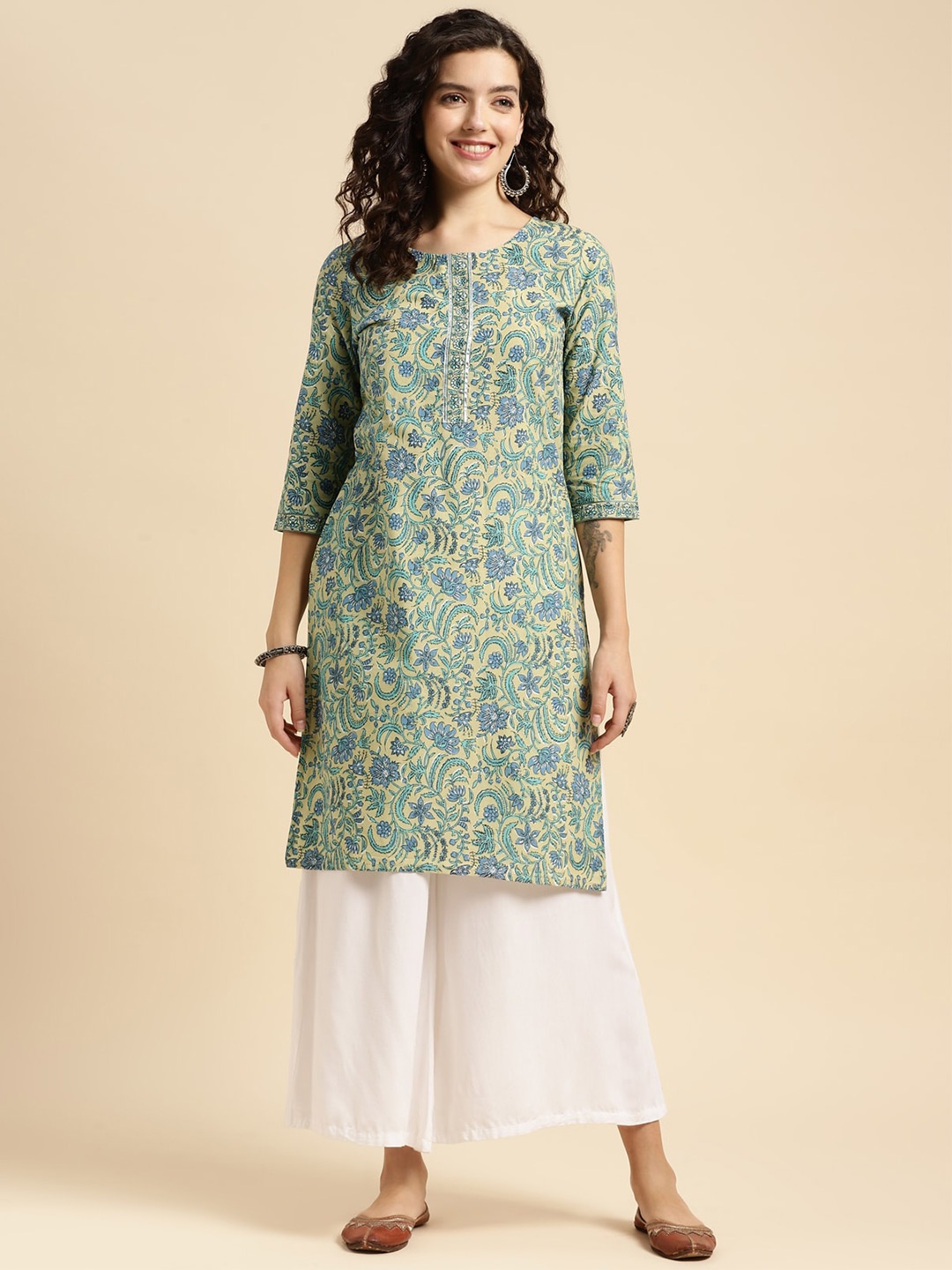 

Rangita Floral Printed Regular Pure Cotton Kurta, Beige