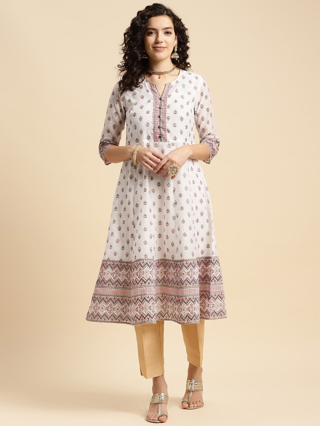 

Rangita Ethnic Motifs Printed A-Line Kurta, White