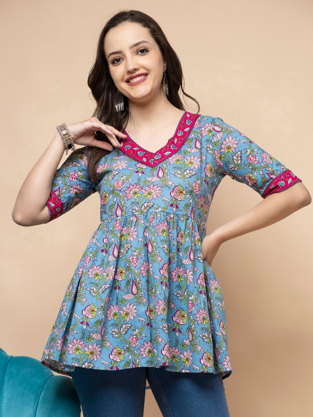 

SHIONS Floral Printed V-Neck Pure Cotton Anarkali Kurti, Blue