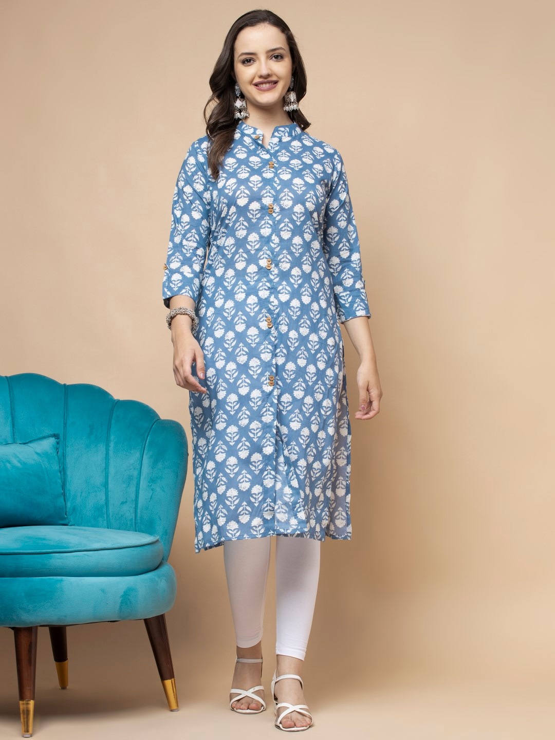 

SHIONS Floral Printed Mandarin Collar Cotton Straight Kurta, Blue