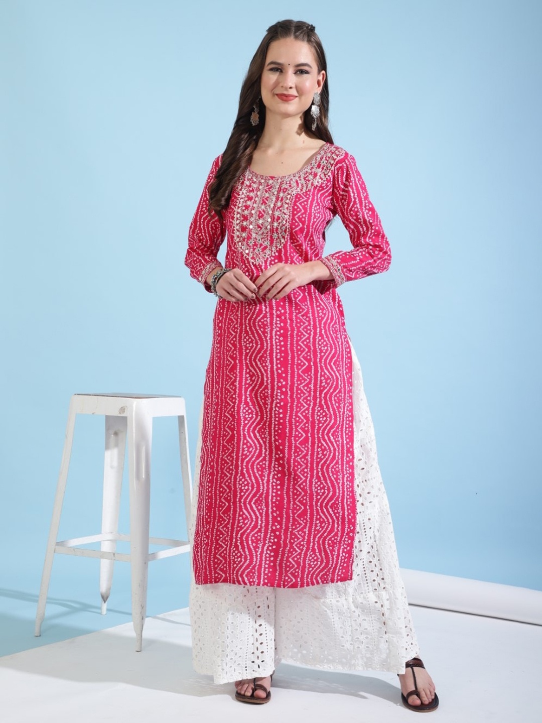 

SHIONS Ethnic Motifs Printed Pure Cotton Straight Kurta, Pink