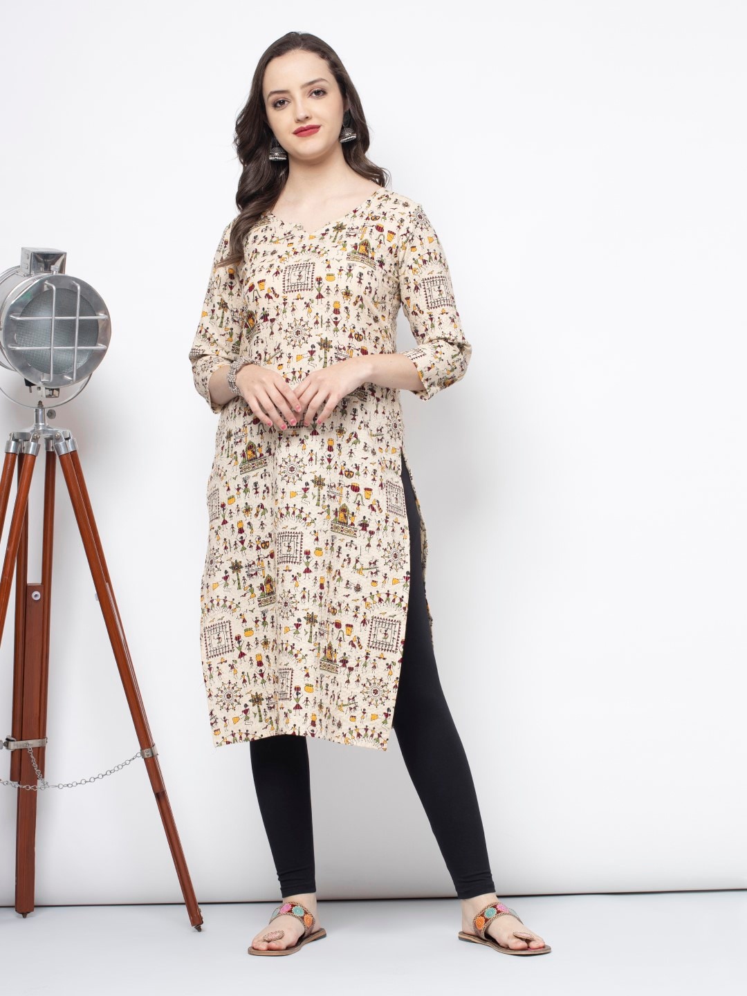 

SHIONS Tribal Printed Pure Cotton Straight Kurta, Beige