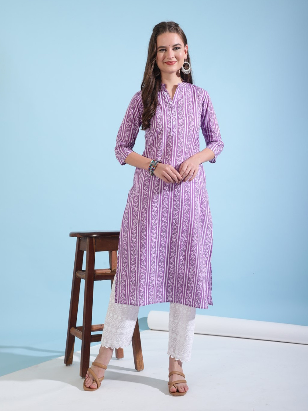 

SHIONS Ethnic Motifs Printed Pure Cotton Straight Kurta, Purple