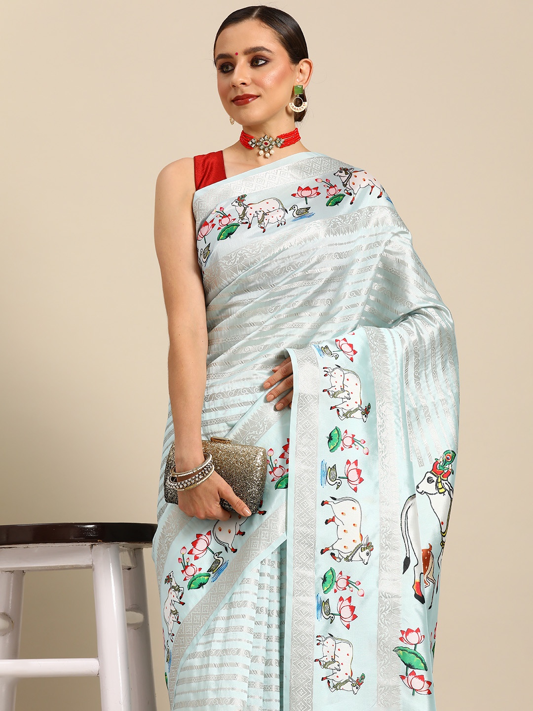 

Simaaya Ethnic Motifs Zari Pure Silk Saree, Turquoise blue