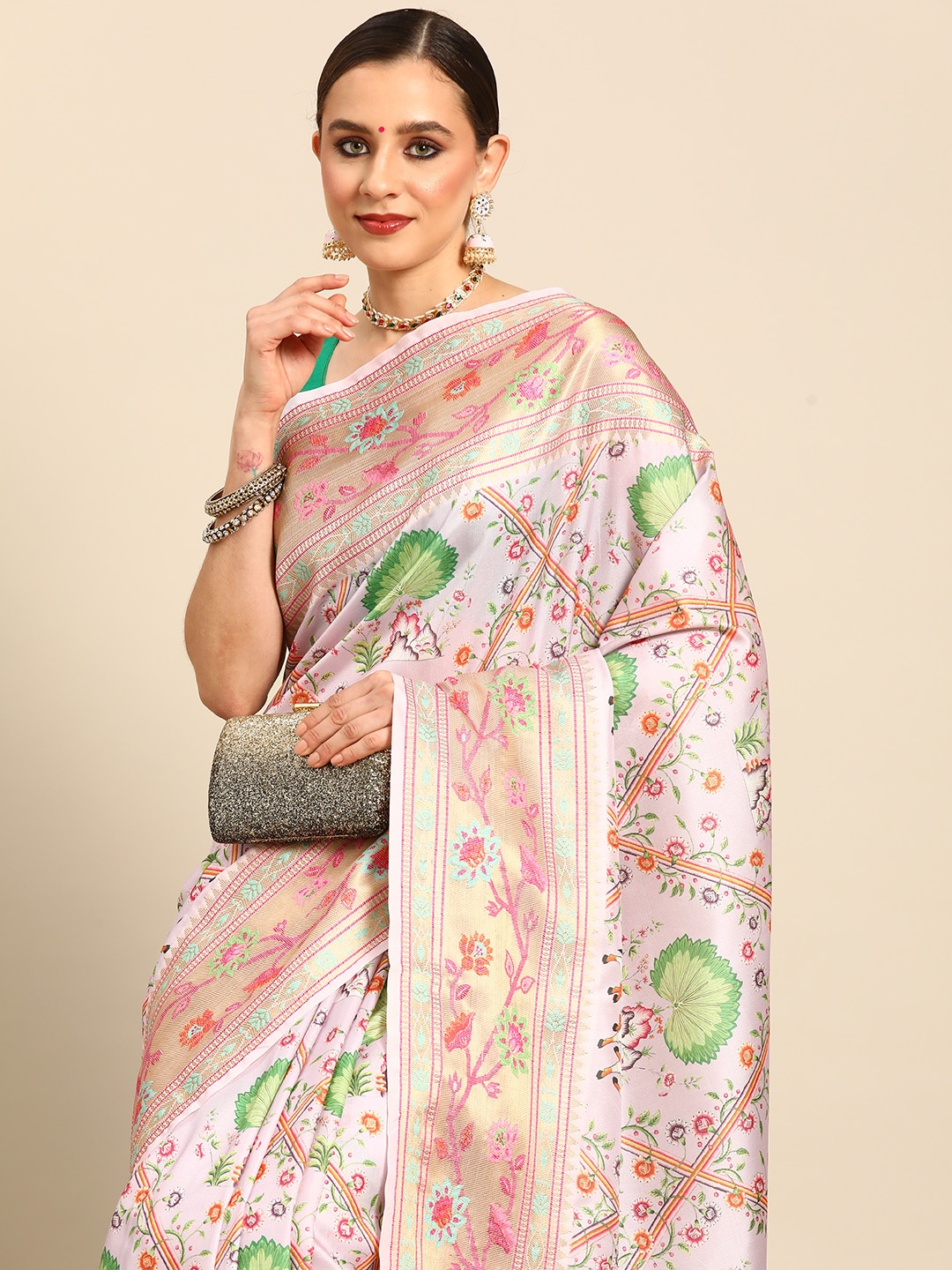 

Simaaya Ethnic Motifs Printed Zari Saree, White