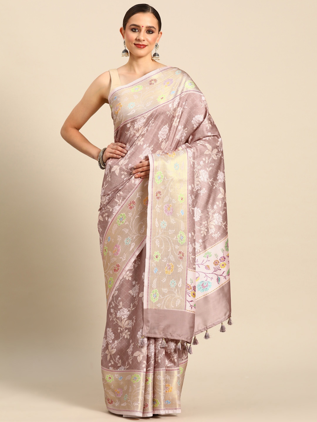 

Simaaya Floral Printed Zari Saree, Peach