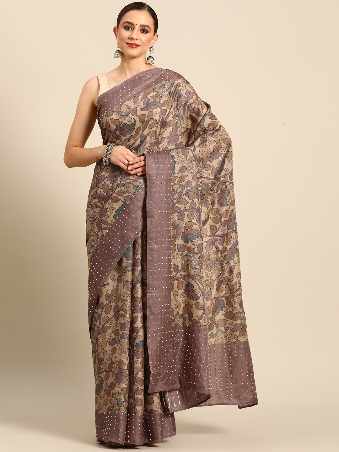 

Simaaya Floral Printed Embroidered Pure Silk Saree, Brown