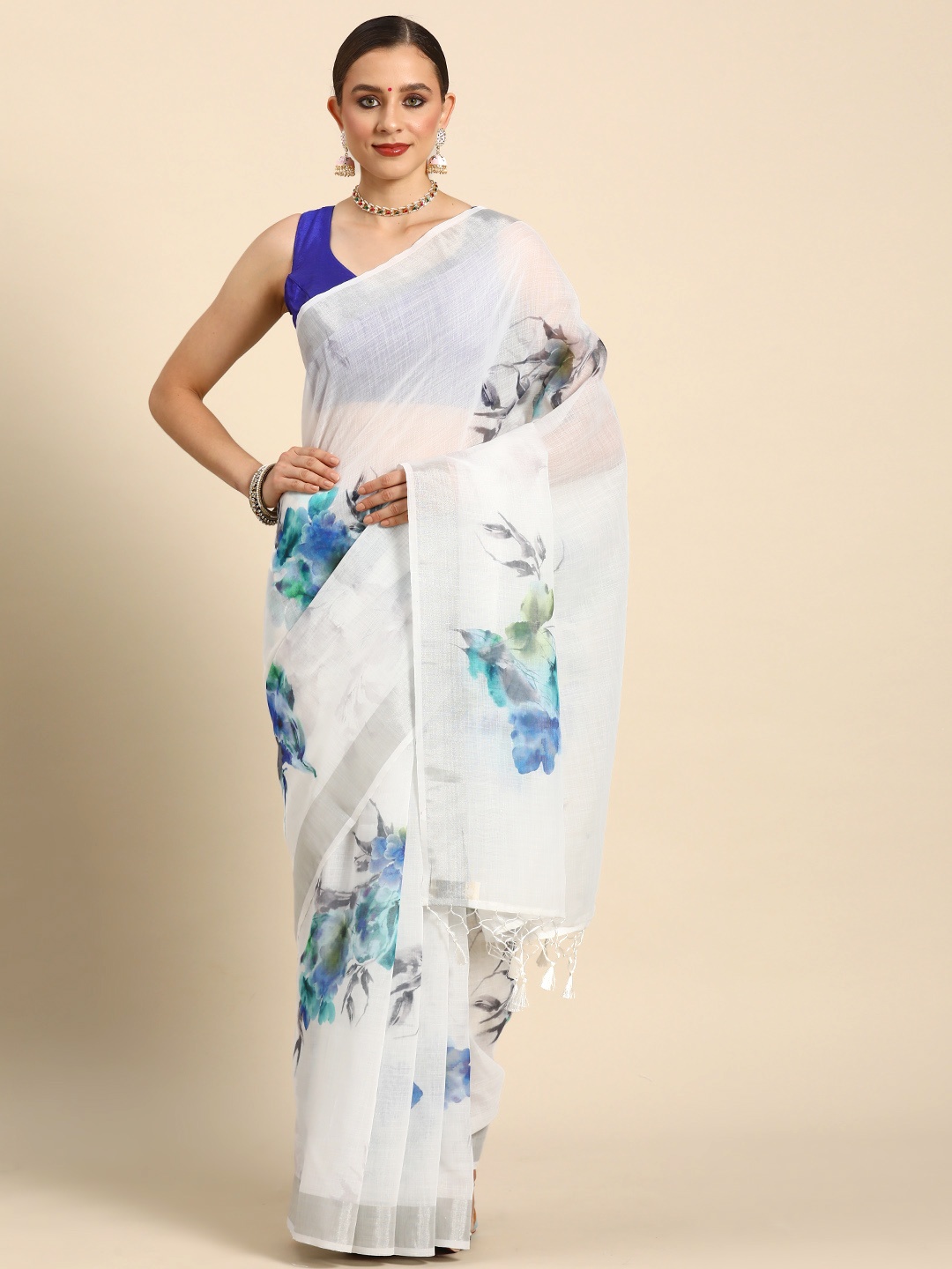

Simaaya Floral Printed Cotton Linen Zari Saree, White