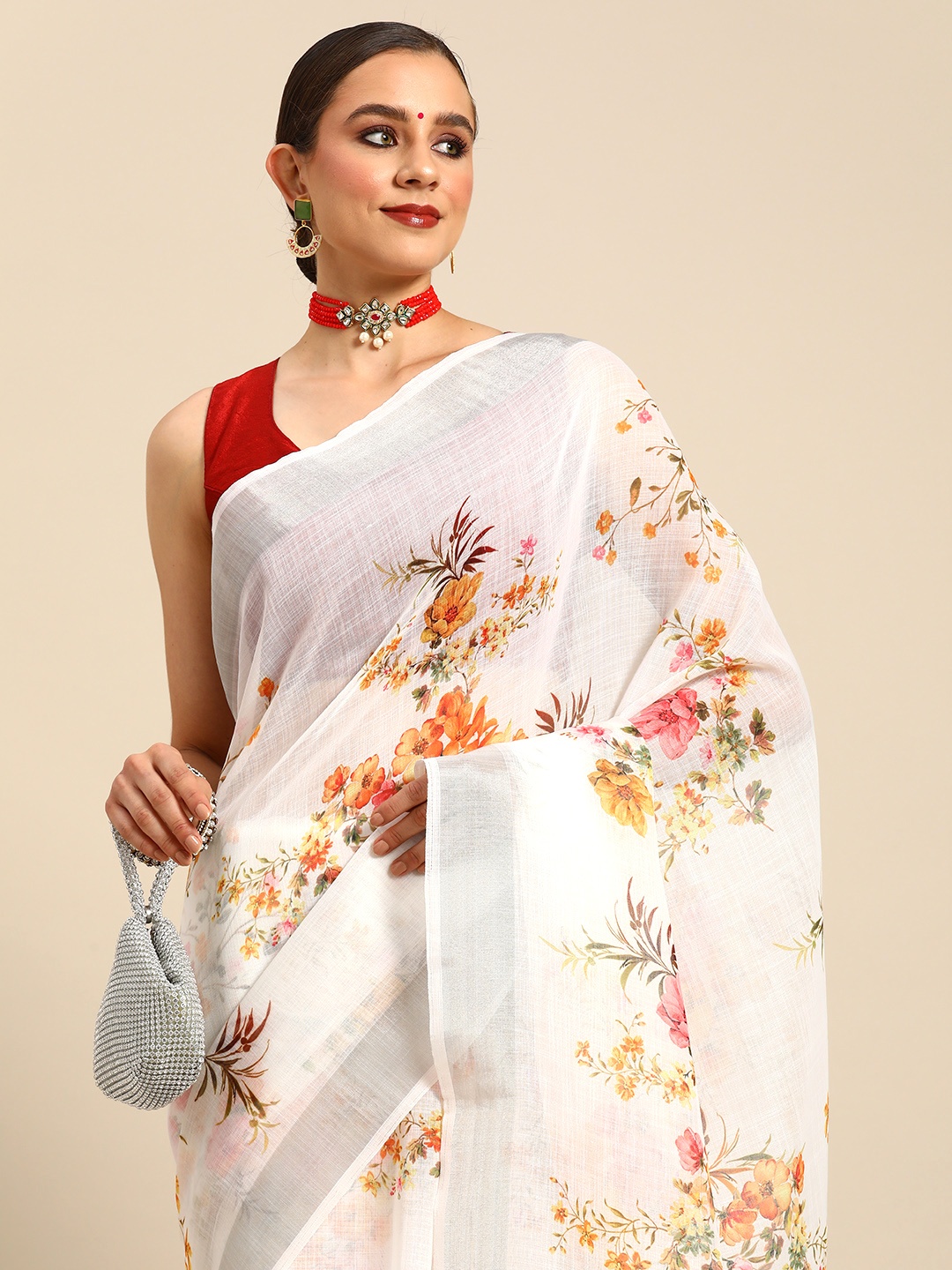 

Simaaya Floral Printed Cotton Linen Zari Saree, White