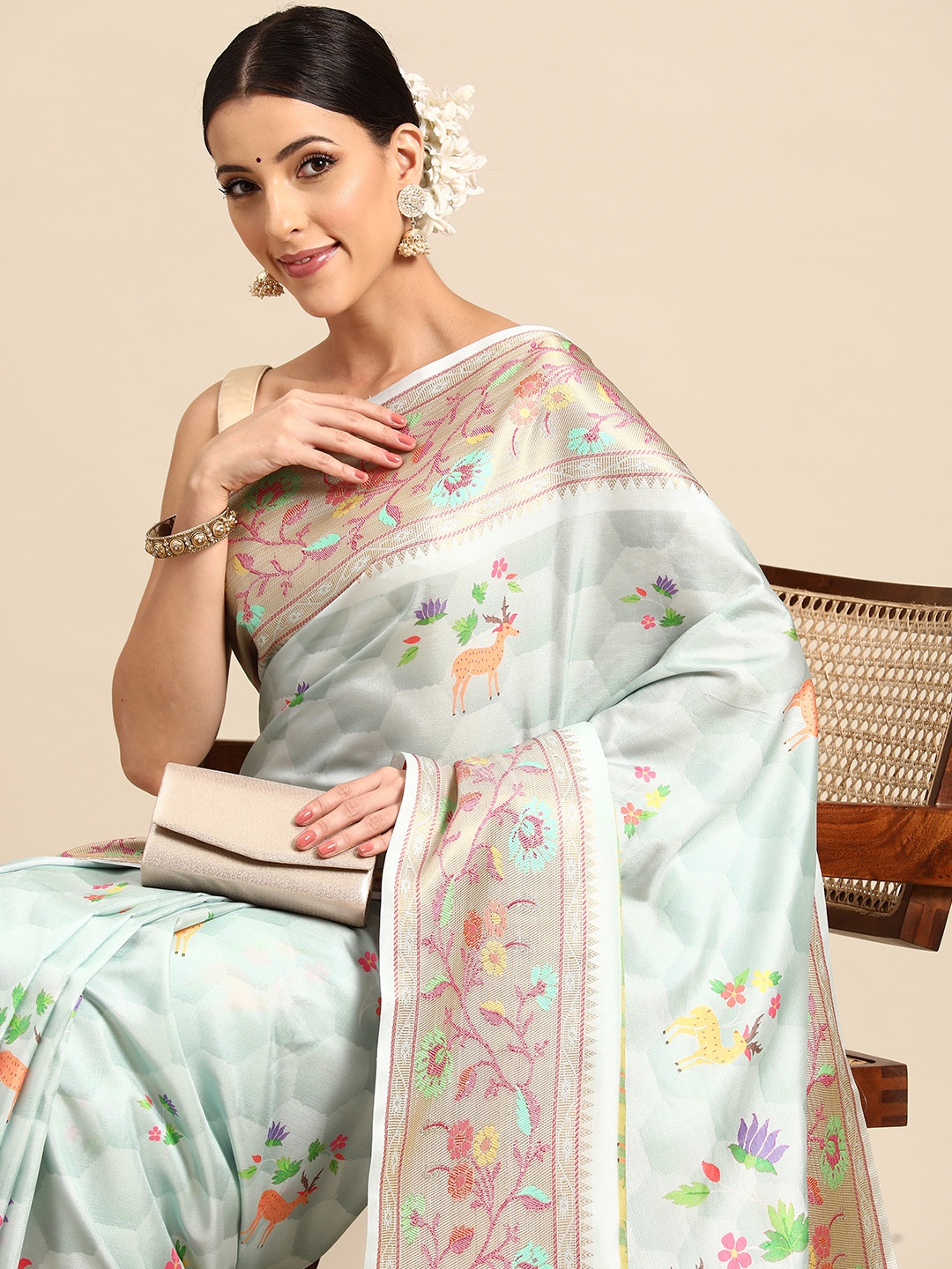 

Simaaya Ethnic Motifs Printed Zari Saree, Sea green