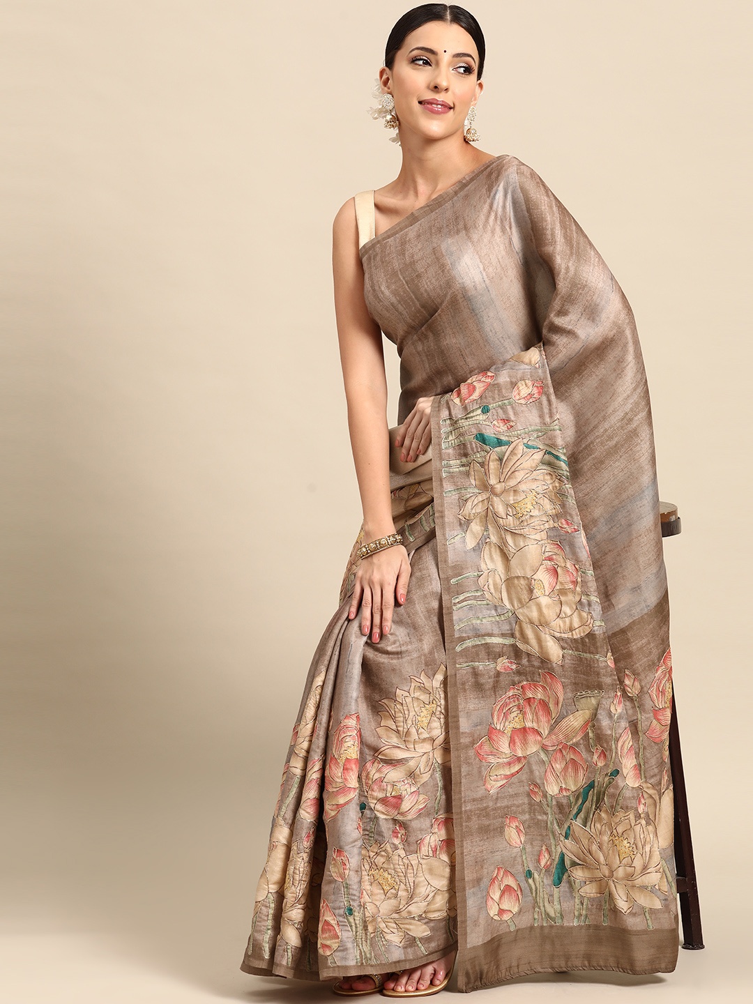 

Simaaya Floral Printed Embroidered Pure Silk Saree, Brown