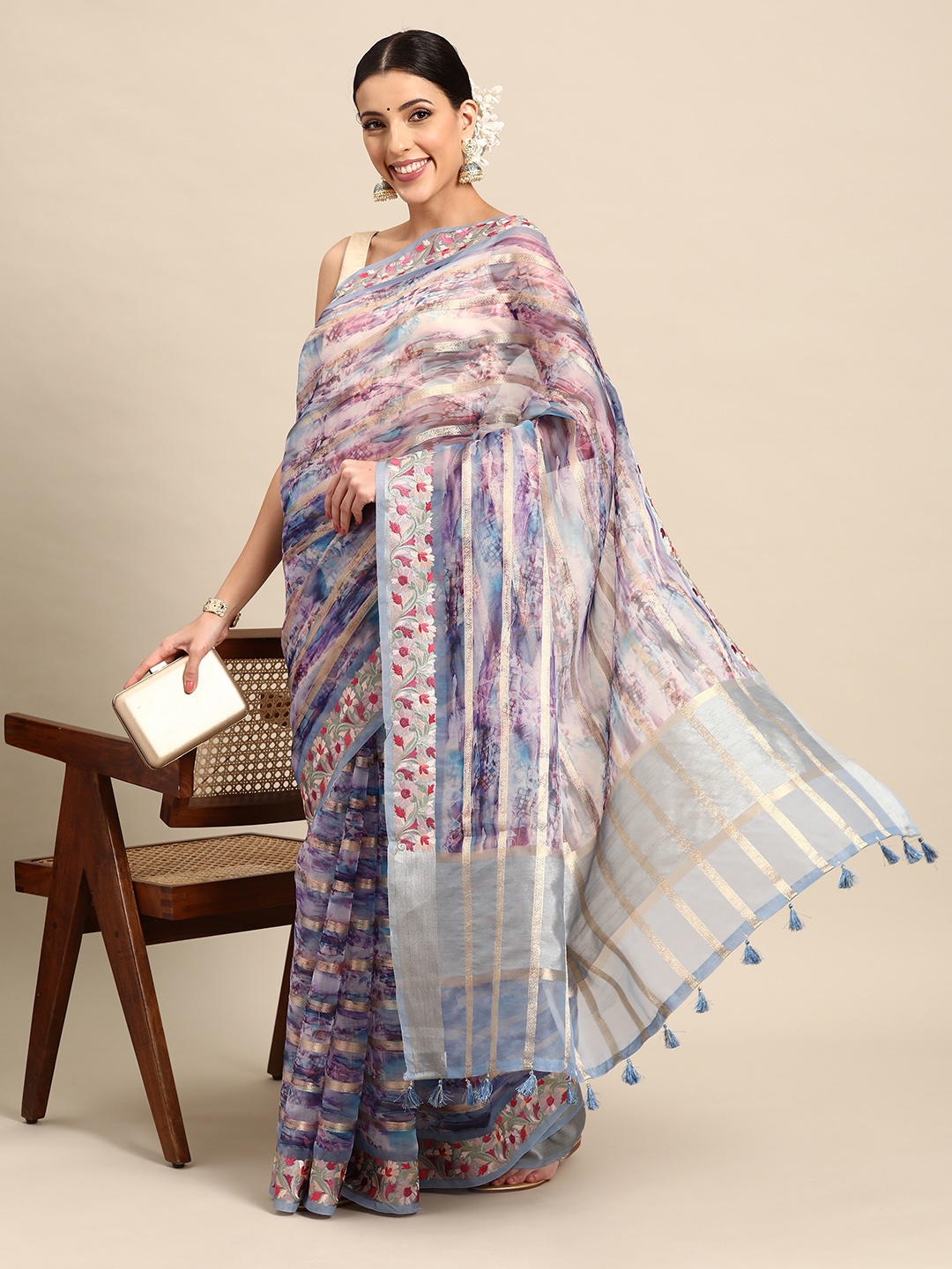 

Simaaya Abstract Printed Zari Organza Saree, Blue