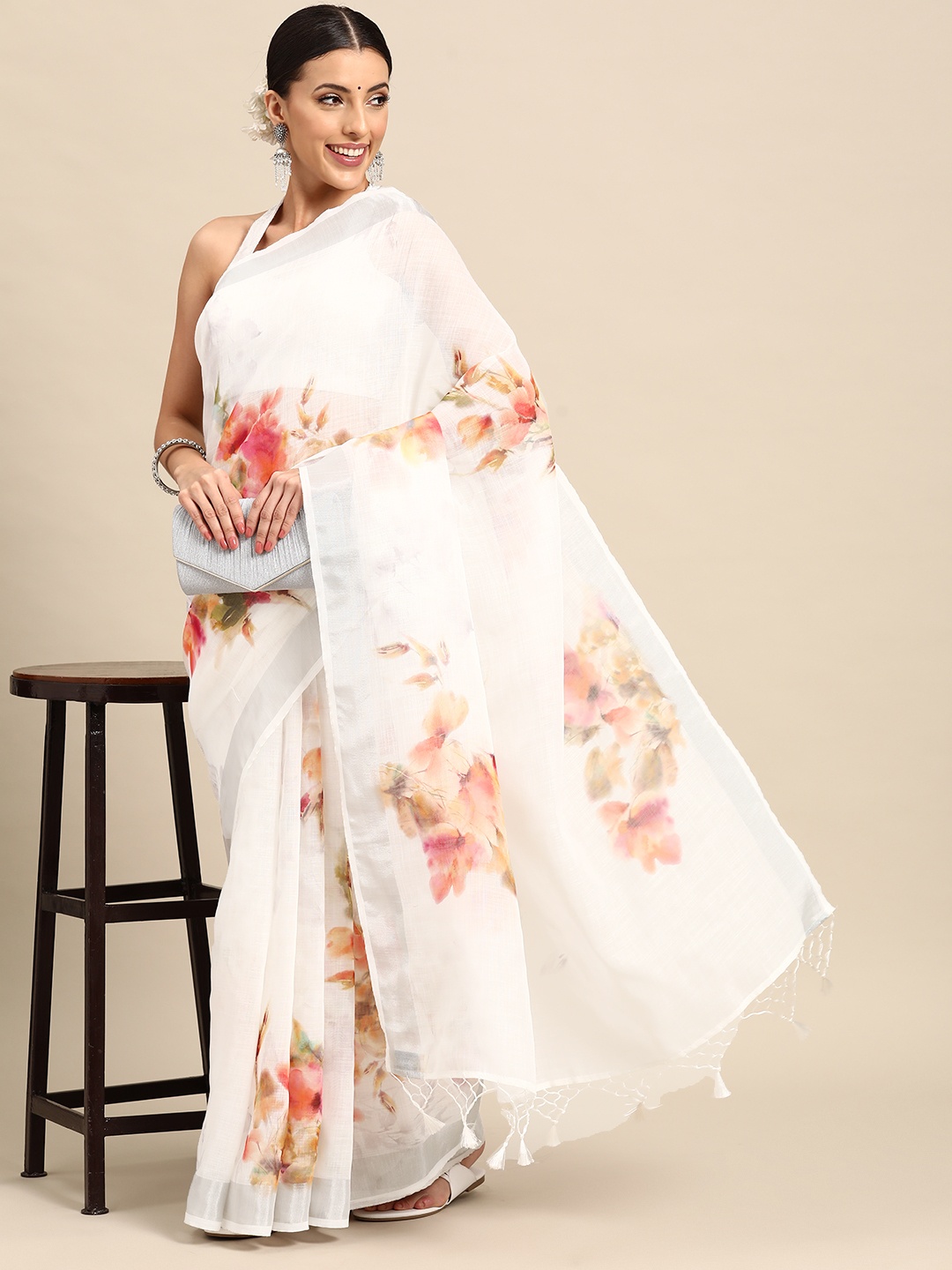 

Simaaya Floral Printed Zari Saree, White