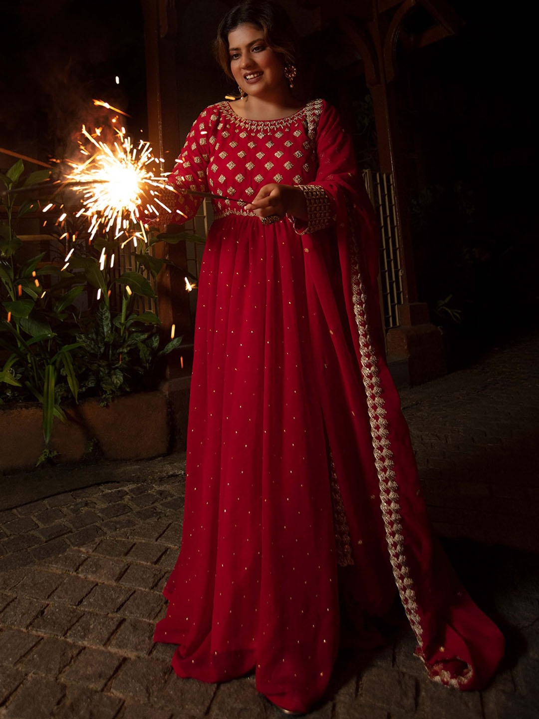 

Fusionic Plus Size Embroidered Fit & Flare Maxi Ethnic Dress With Dupatta, Red