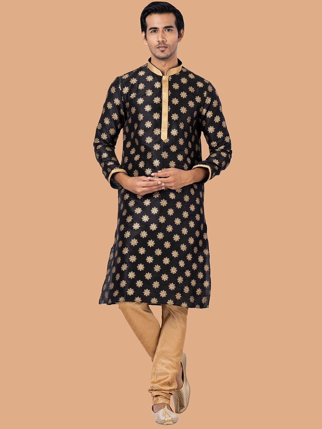 

ROOTED LIBAAS Ethnic Motifs Regular Dupion Silk Kurta With Churidar, Black