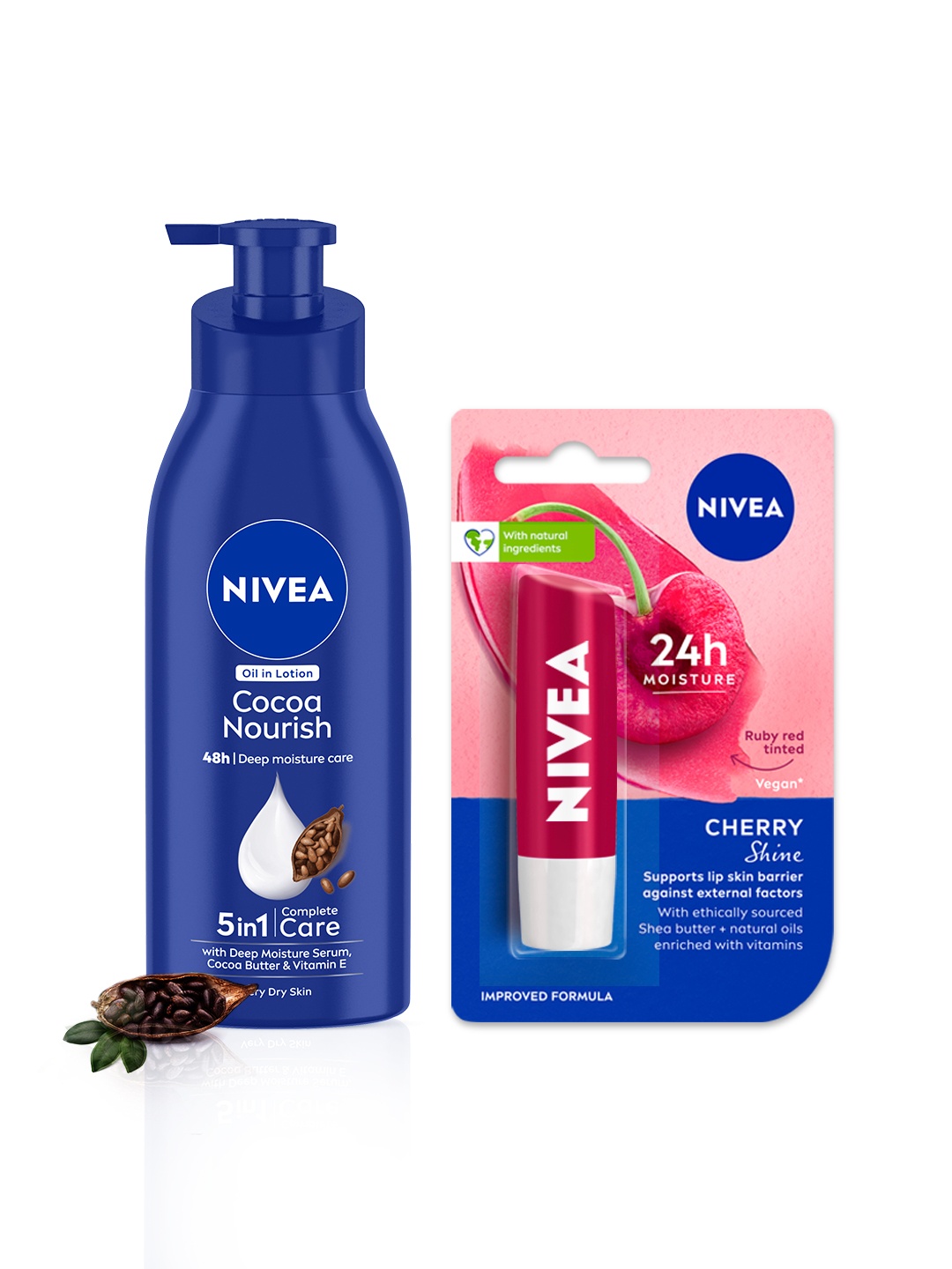 

Nivea The Wintercare Duo - Cocoa Nourish Body Lotion 400ml + Cherry Shine Lip Balm 4.8g, Blue