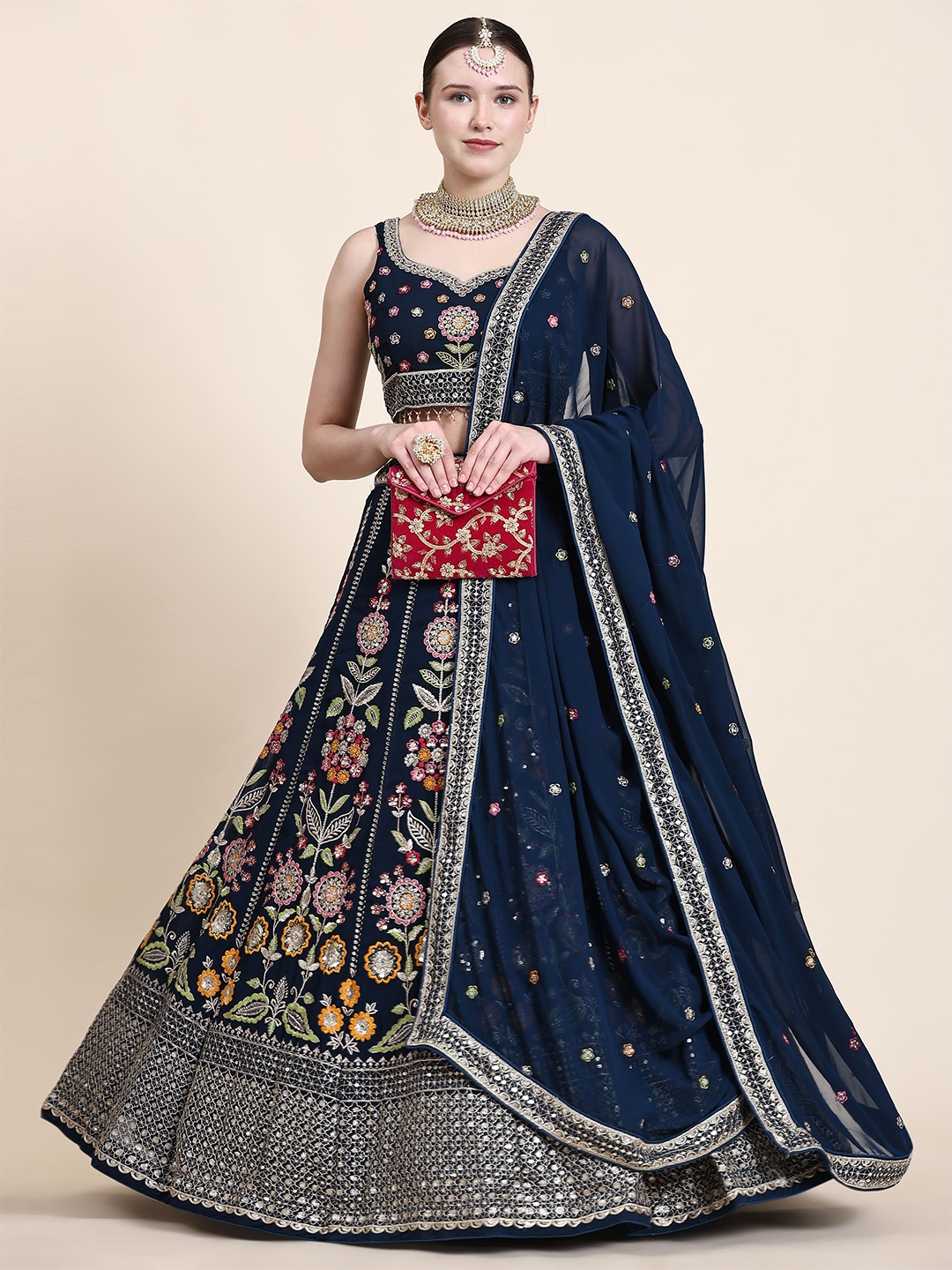 

FABPIXEL Floral Embroidered Sequinned Semi-Stitched Georgette Lehenga Choli With Dupatta, Teal