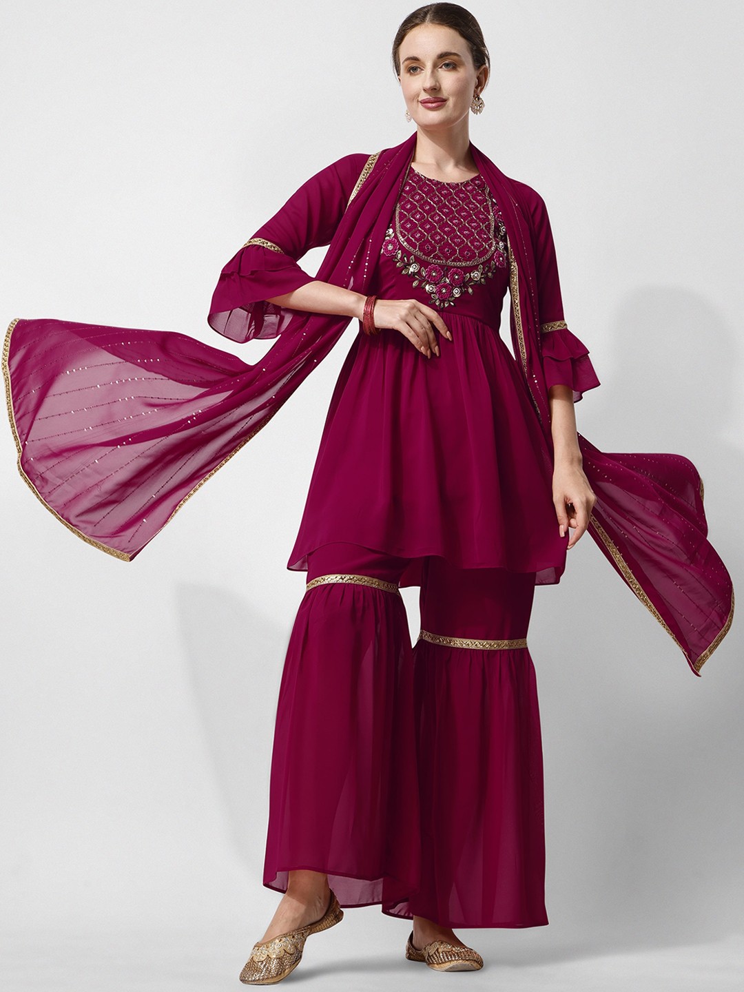 

KALINI Ethnic Motifs Embroidered Pleated Beads and Stones Kurta & Sharara With Dupatta, Pink