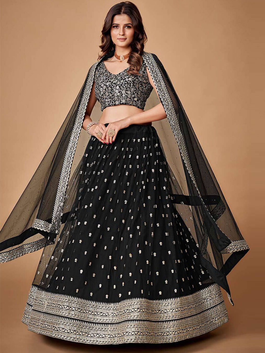 

FABPIXEL Embroidered Sequinned Semi-Stitched Lehenga & Unstitched Blouse With Dupatta, Black
