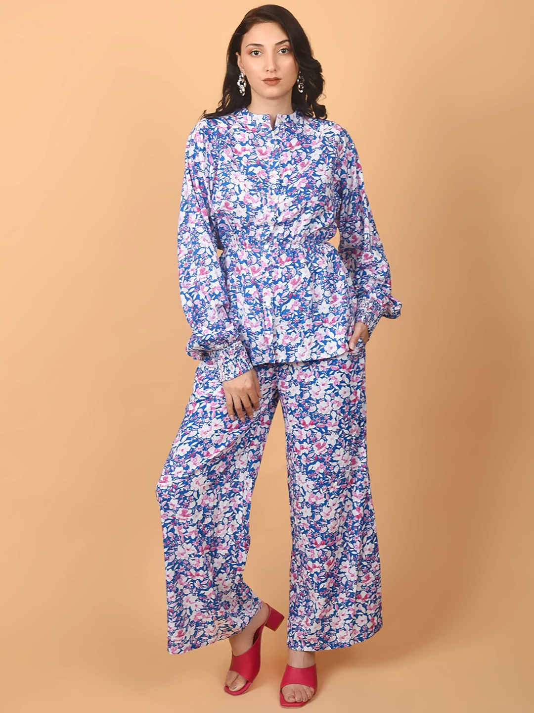 

FLAWLESS Floral printed Band Collar Long Sleeves Top With Trousers, Blue