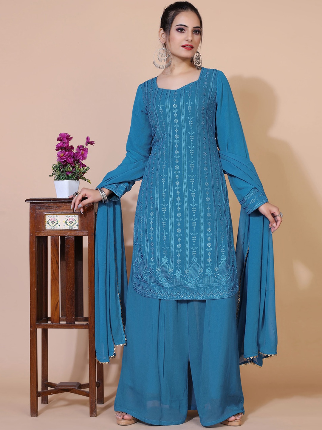 KALINI Floral Embroidered Chikankari Regular Kurta with Palazzos & With Dupatta, Blue