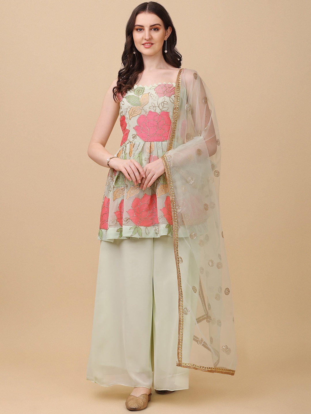 

KALINI Floral Embroidered Shoulder Strap Neck Sequinned Kurti with Palazzos & With Dupatta, Green