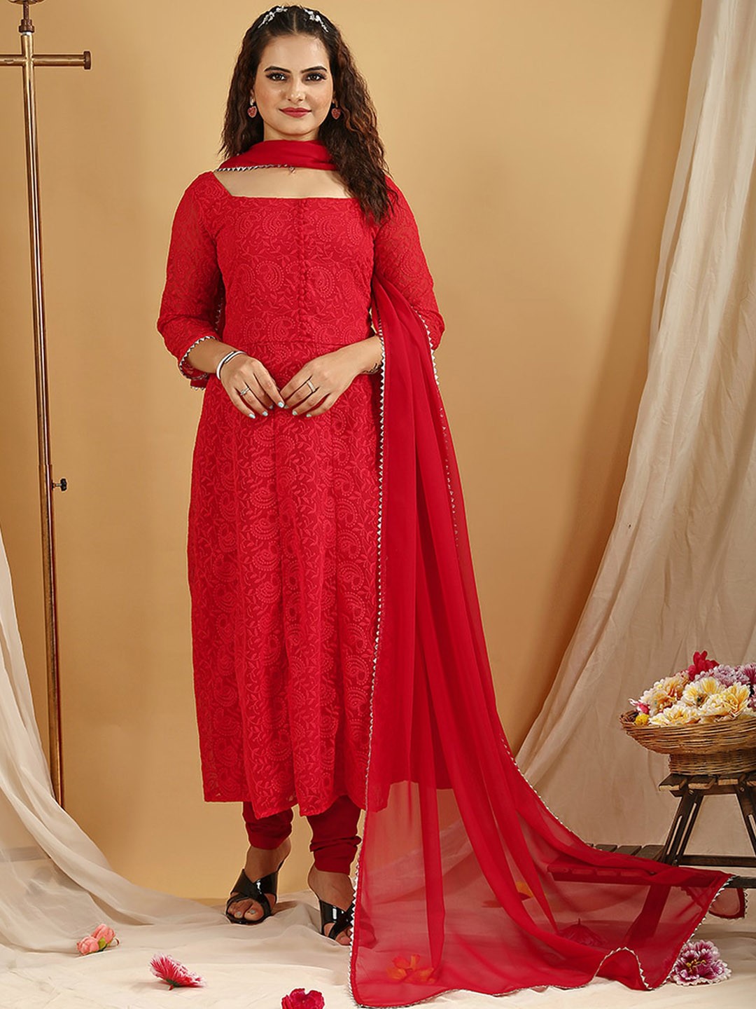 

KALINI Floral Embroidered Panelled Anarkali Kurta & Churidar With Dupatta, Red