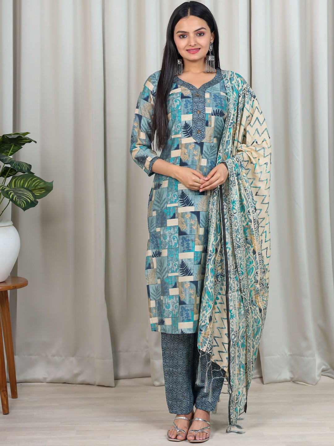 

KALINI Floral Printed Chanderi Cotton Kurta With Trousers & Dupatta, Blue