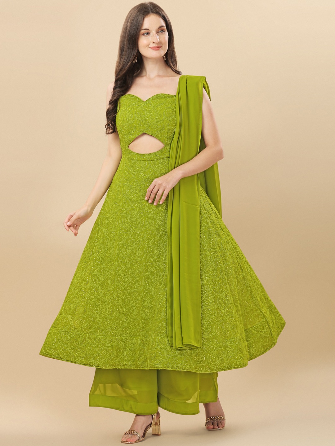 

KALINI Floral Embroidered A-Line Kurta & Palazzos With Dupatta, Green