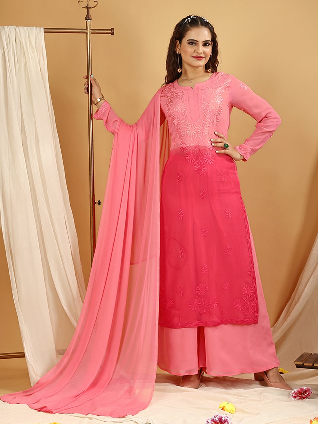 

KALINI Floral Embroidered Regular Kurta & Palazzos With Dupatta, Pink
