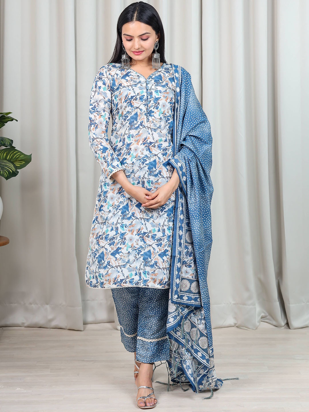 

KALINI Floral Printed Chanderi Cotton Kurta & Trousers With Dupatta, Blue