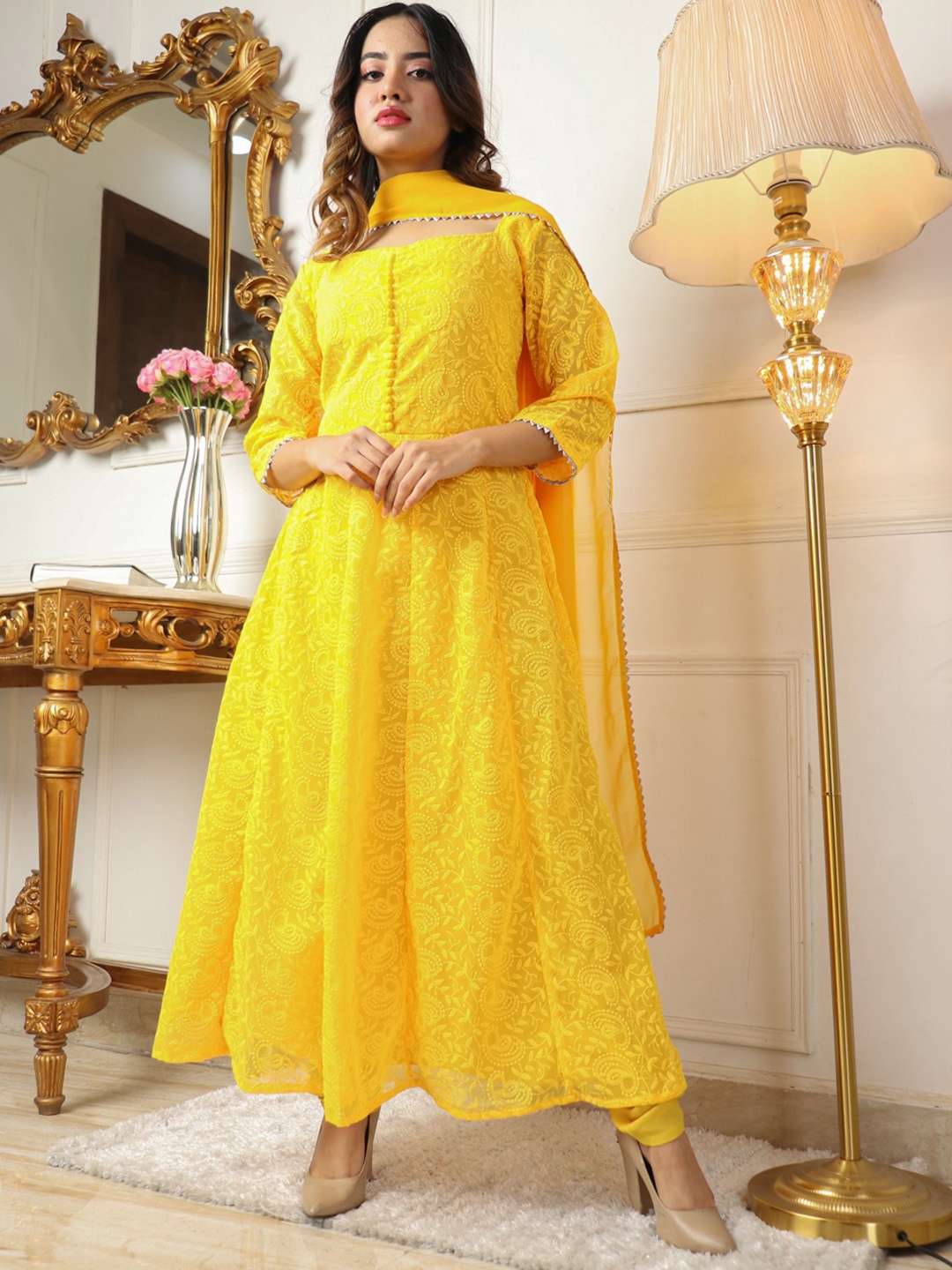KALINI Ethnic Motifs Embroidered Anarkali Kurta With Churidar & Dupatta, Yellow