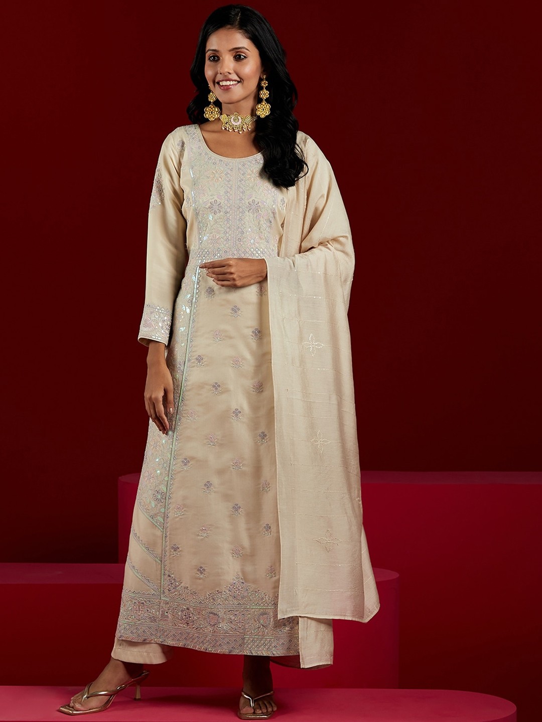 

Libas Art Floral Embroidered Sequined A-Line Kurta with Trousers & Dupatta, Cream