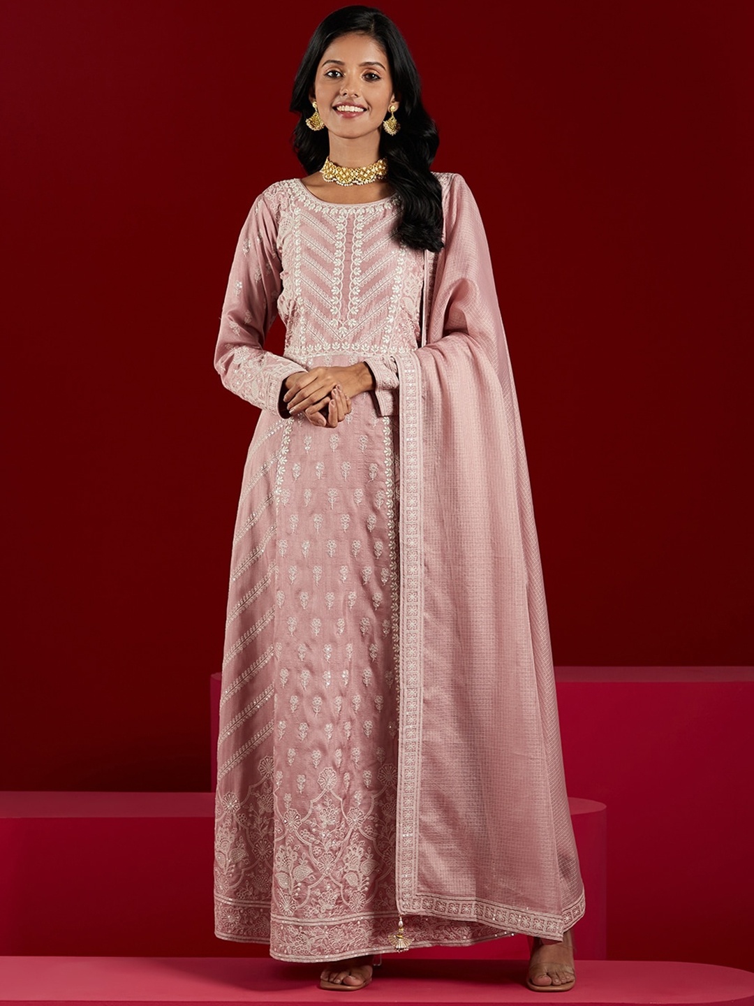 

Libas Art Embroidered Panelled Sequined A-Line Pure Silk Kurta with Trousers & Dupatta, Pink