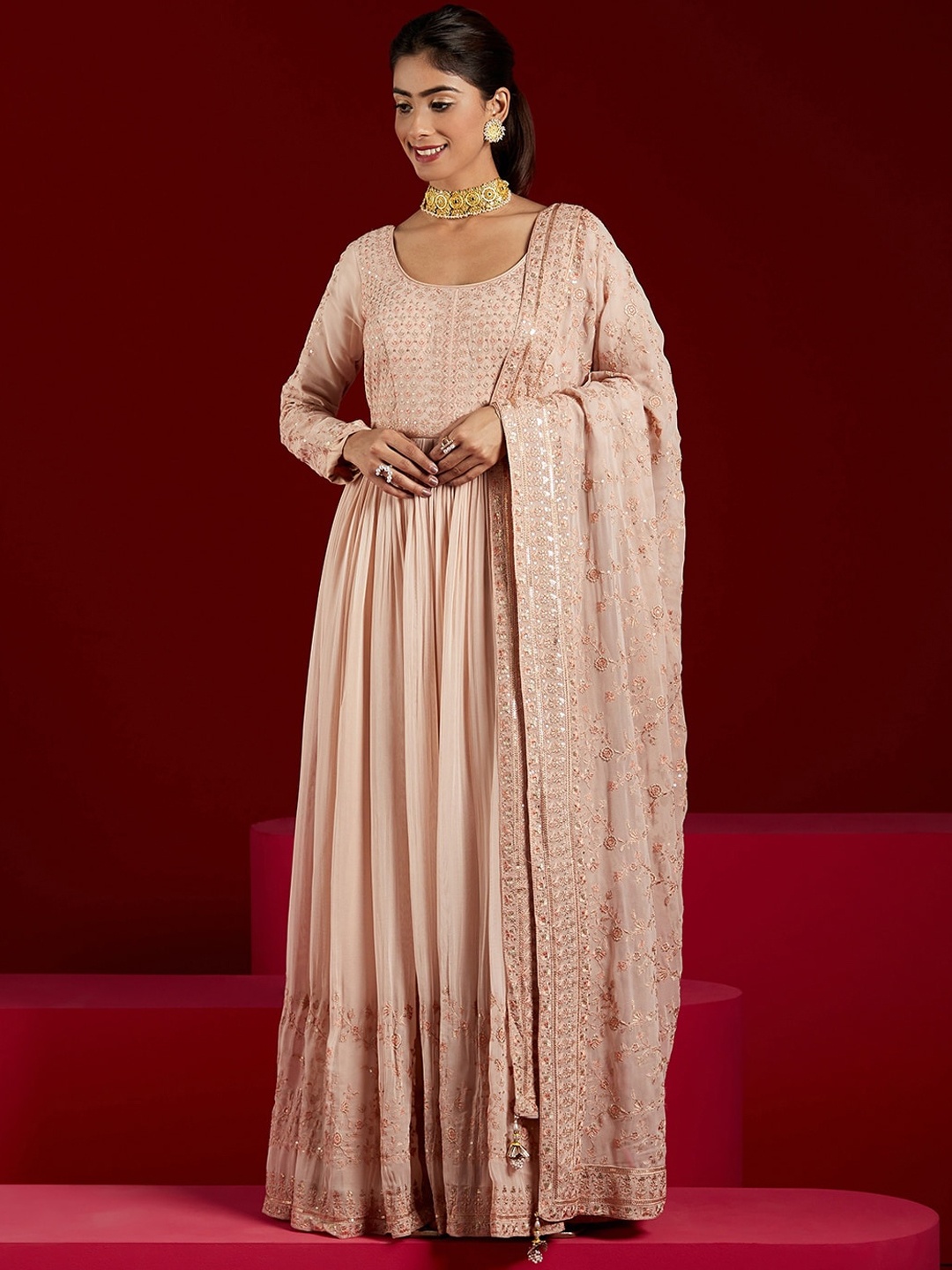 

Libas Art Floral Embroidered Empire Sequinned Anrkali Kurta With Trousers & Dupatta, Peach