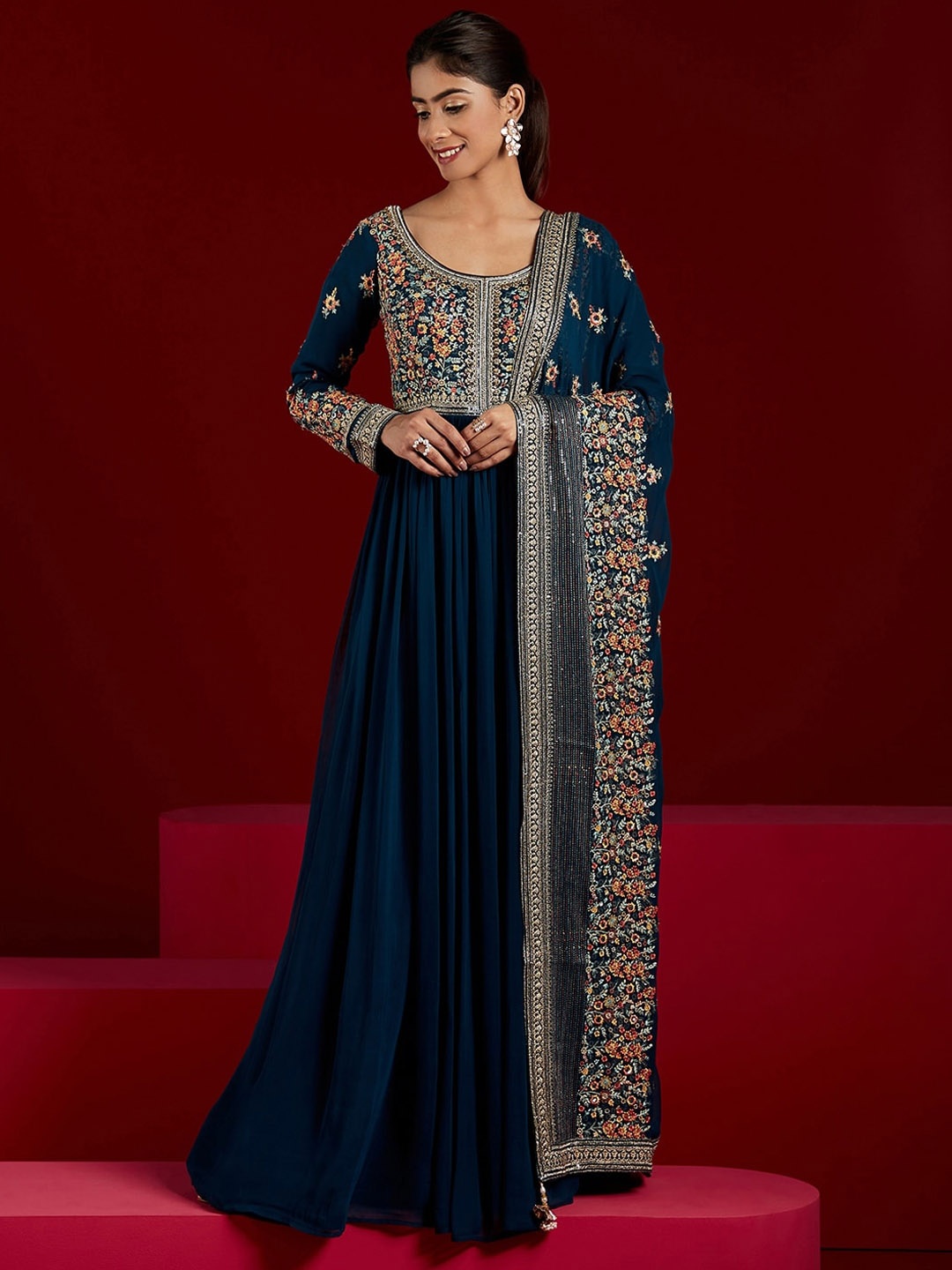 

Libas Art Floral Yoke Design Kurta With Trousers & Dupatta, Blue