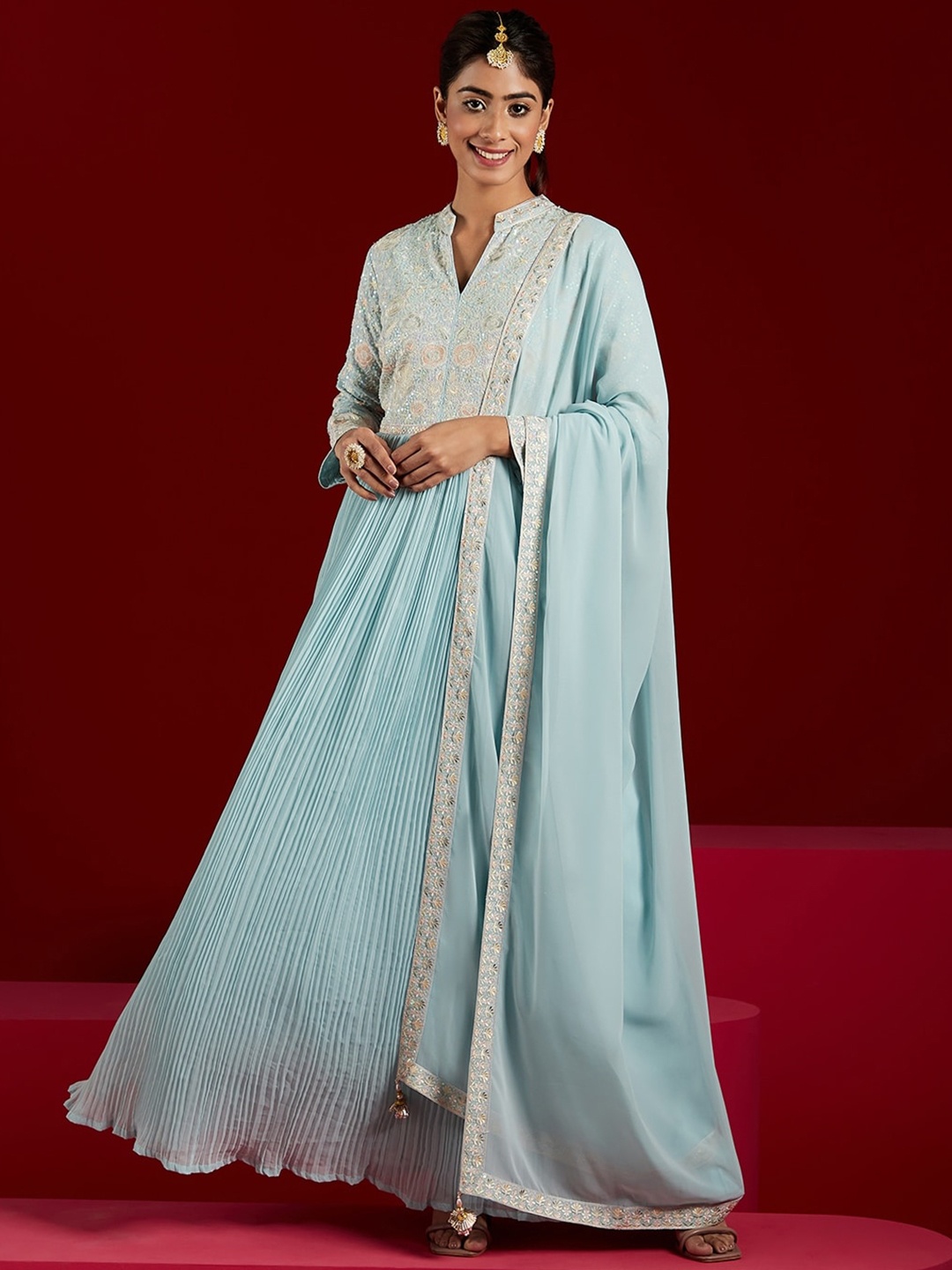 

Libas Art Floral Embroidered Pleated Sequined Kurta with Trousers & Dupatta, Blue