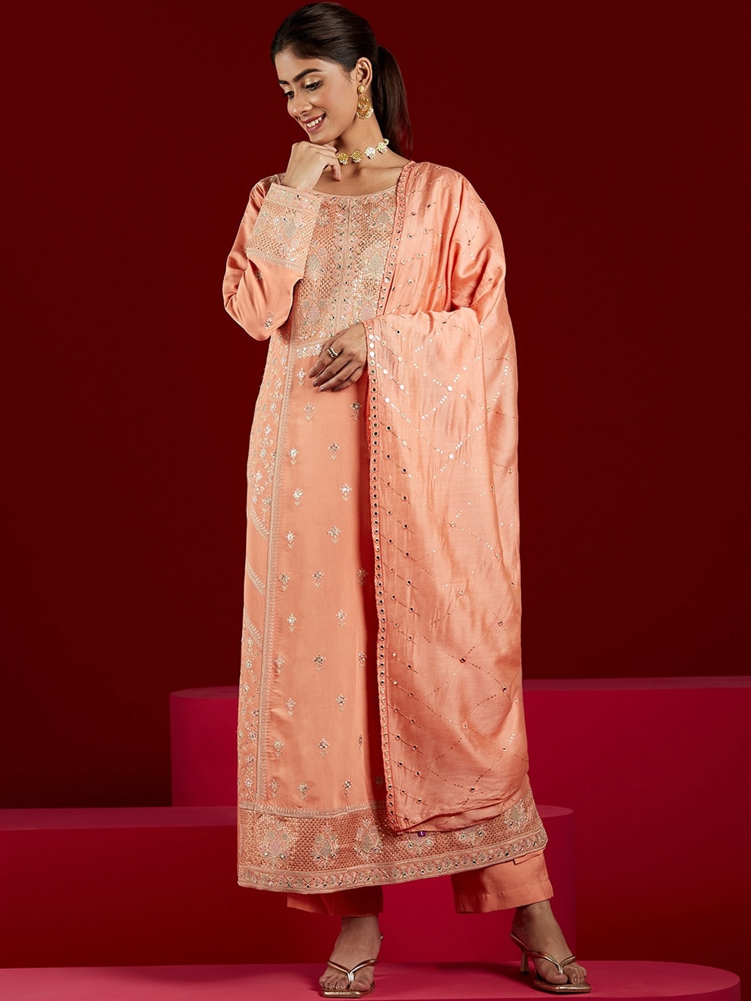 

Libas Art Ethnic Motifs Embroidered Mirror Work Kurta with Trousers & Dupatta, Peach
