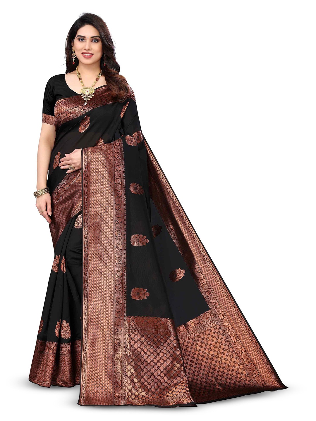 

KALINI Ethnic Motifs Woven Design Zari Detail Kanjeevaram Saree, Black