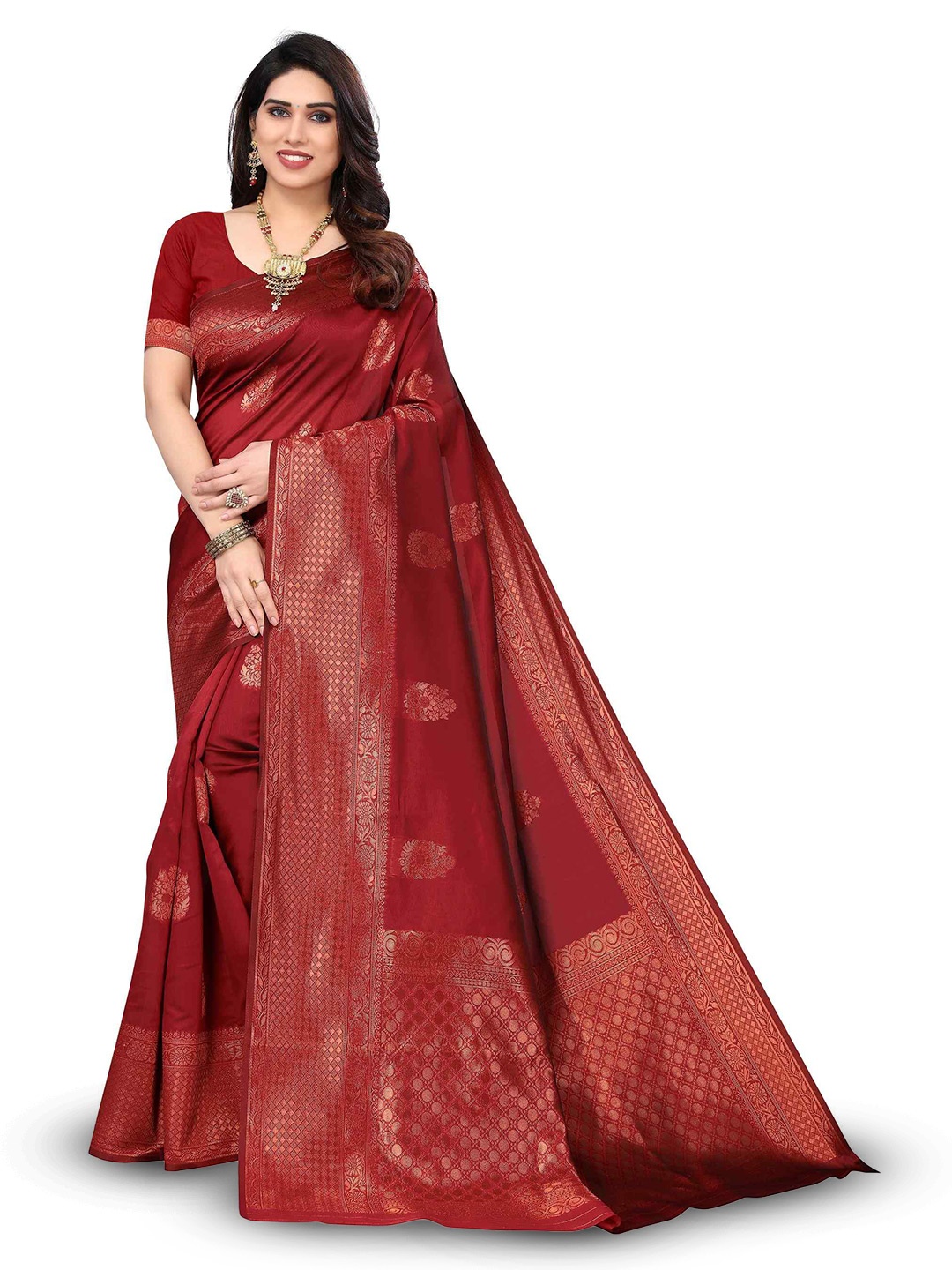 

KALINI Ethnic Motifs Woven Design Zari Detail Kanjeevaram Saree, Maroon