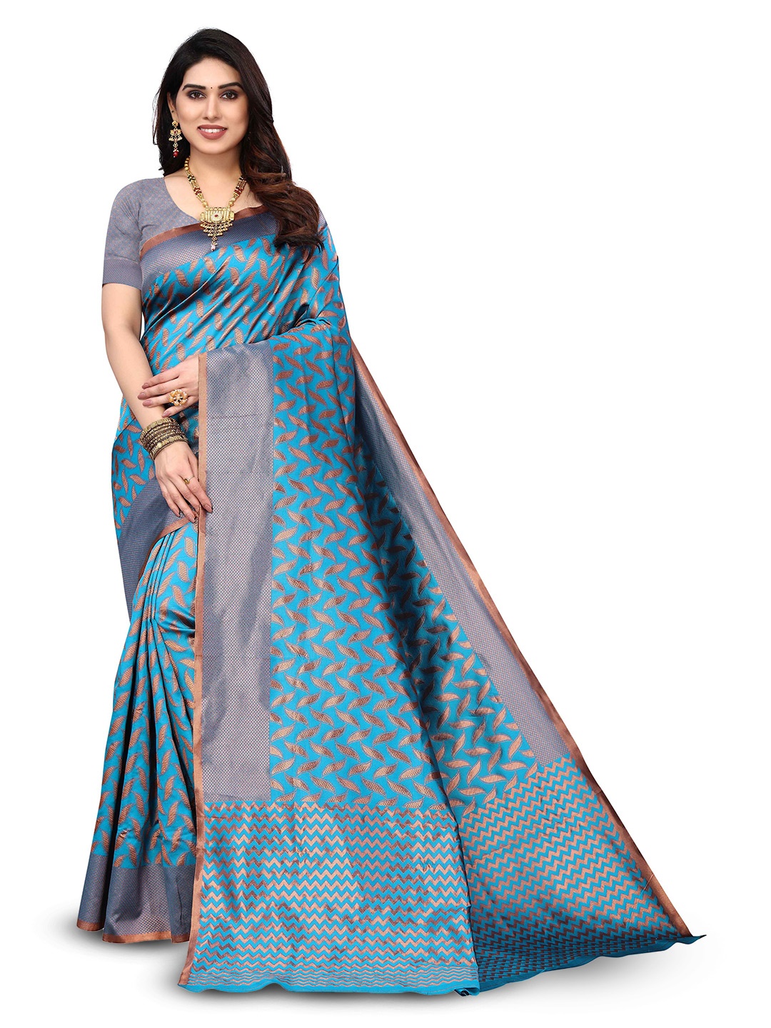 

KALINI Ethnic Motifs Woven Design Zari Kanjeevaram Saree, Blue