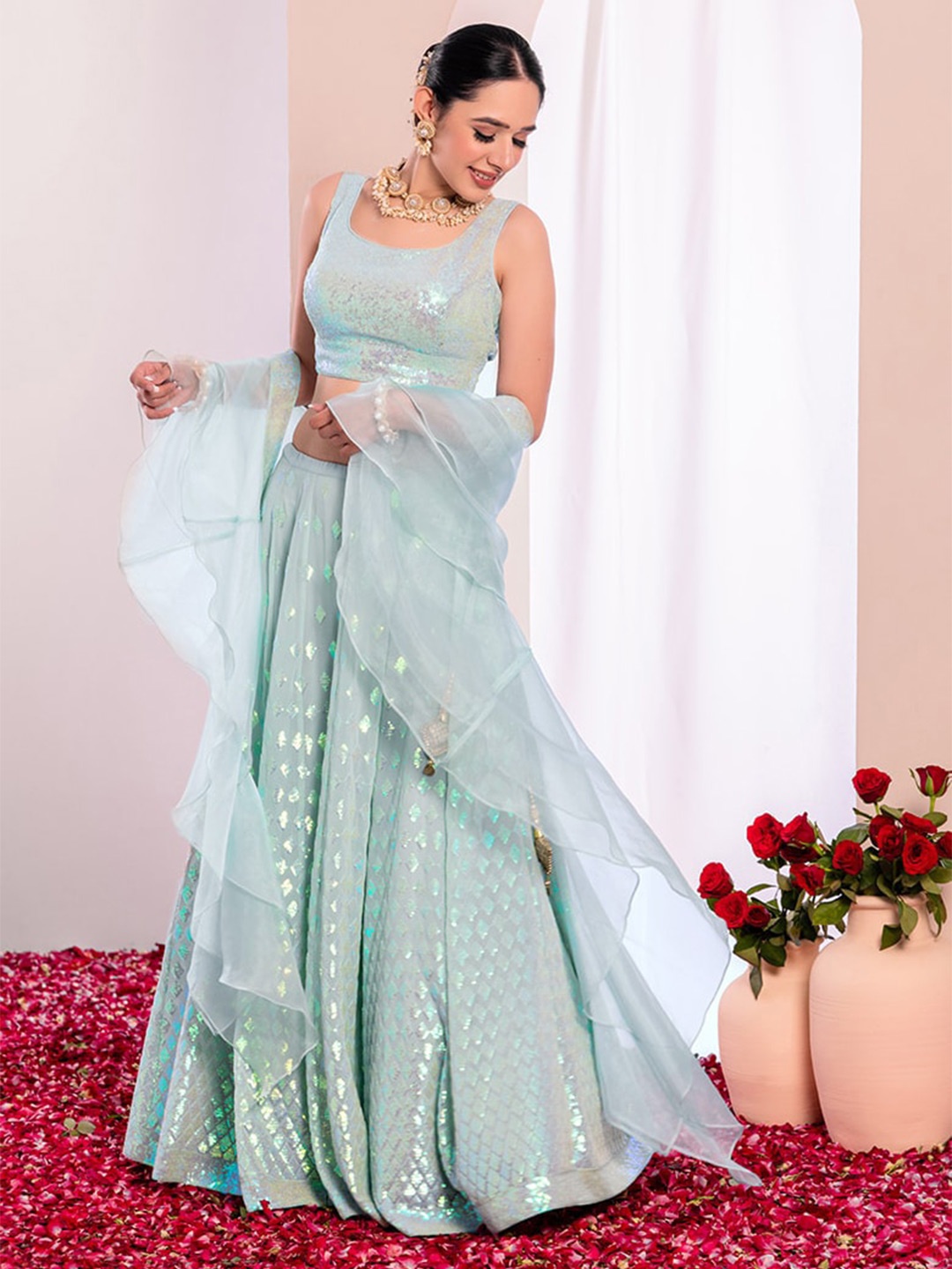 

FABPIXEL Embroidered Sequinned Semi-Stitched Georgette Lehenga Choli With Dupatta, Turquoise blue