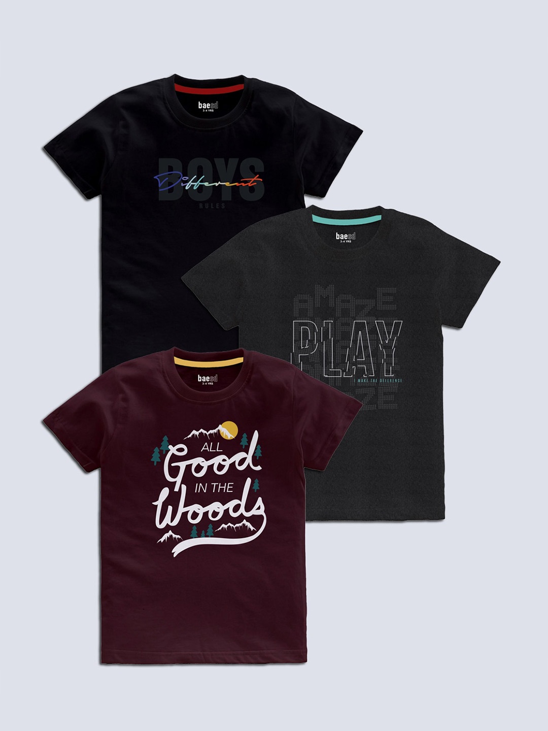 

BAESD Boys Pack Of 3 Typography Printed T-shirt, Purple