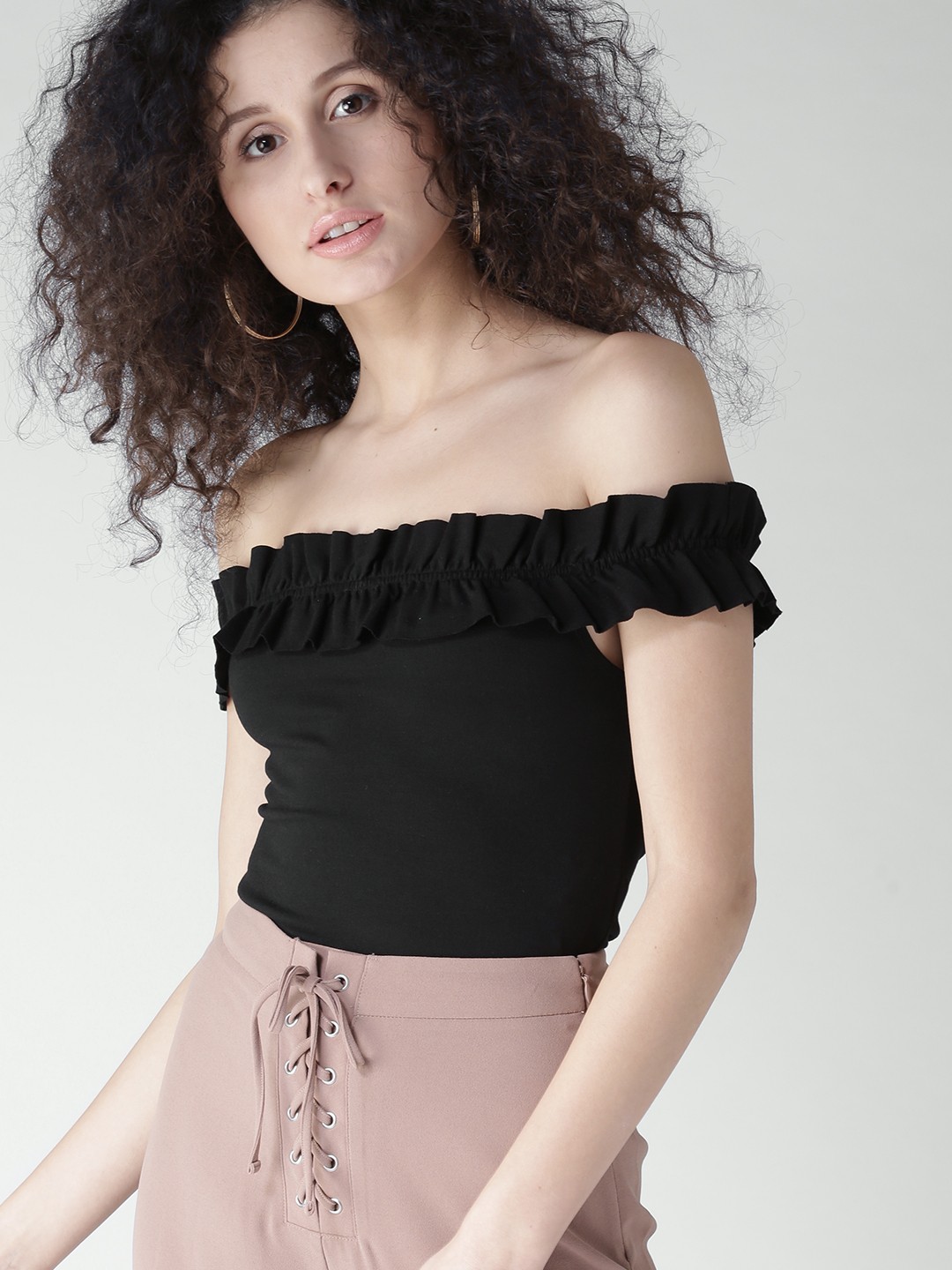 

FOREVER 21 Women Black Solid Bardot Top