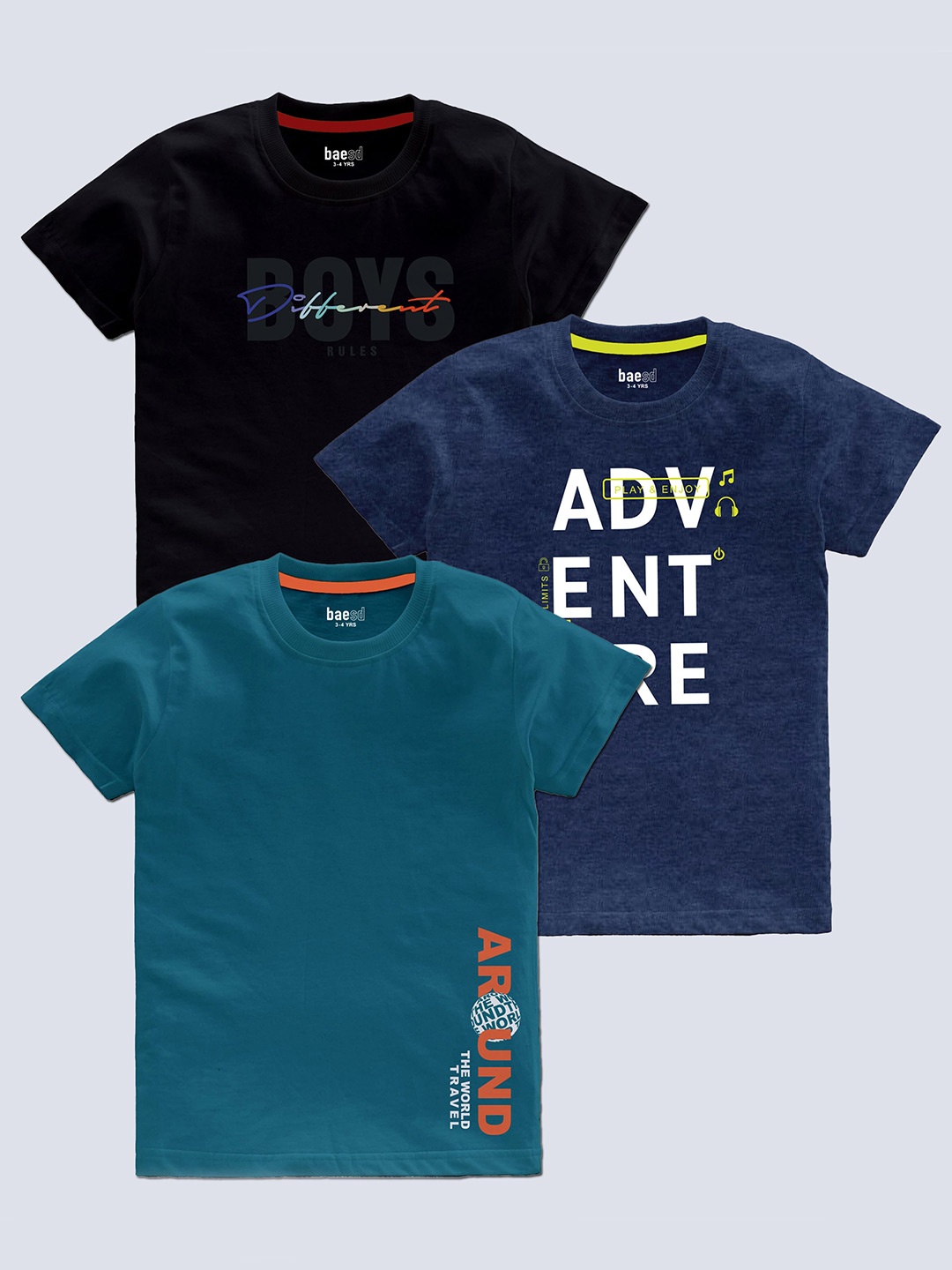 

BAESD Boys Pack Of 3 Typography Printed Cotton T-shirt, Blue